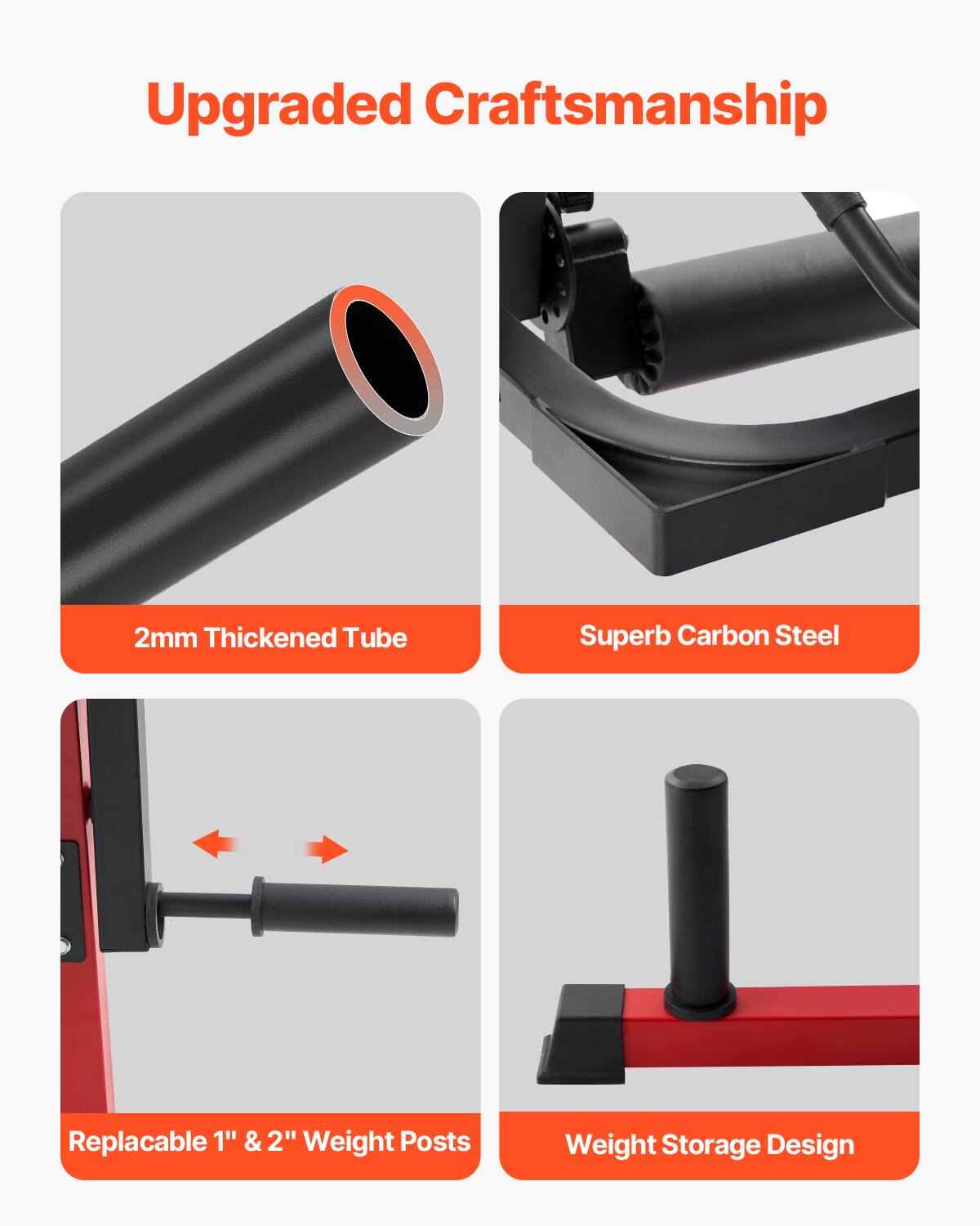 Upgraded Craftsmanship

- 2mm Thickened Tube
- Superb Carbon Steel
- Replaceable 1" & 2" Weight Posts
- Weight Storage Design