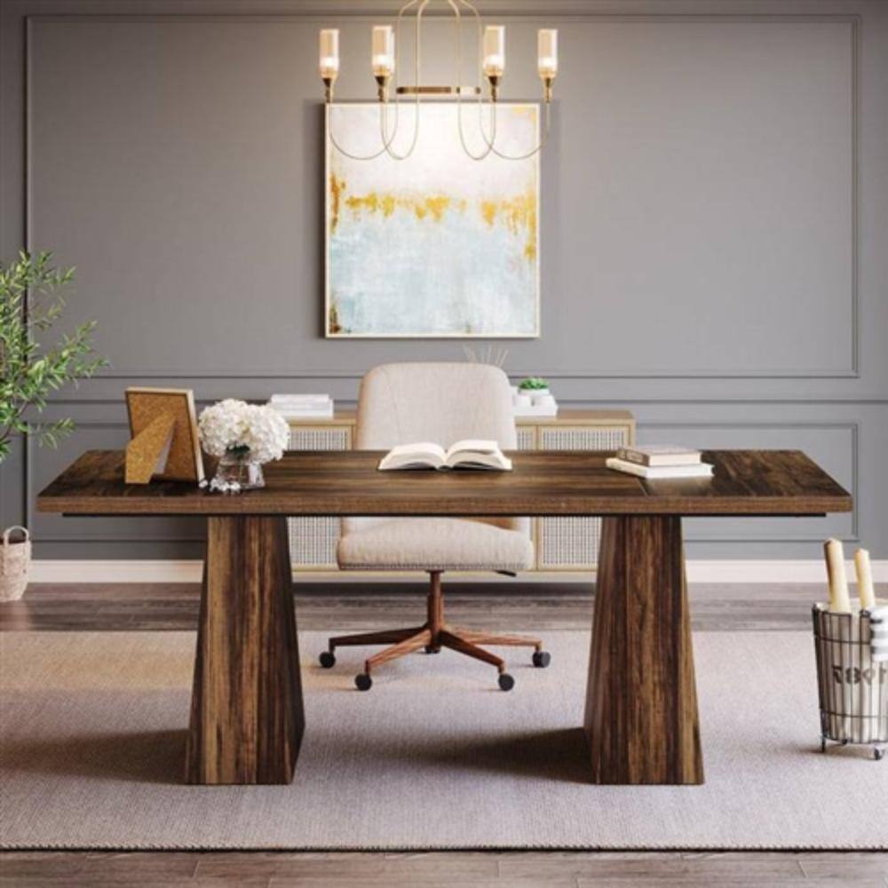 Angle. Hivvago - Modern Home Office Computer Desk Workstation in Dark Brown Wood Finish - Dark Brown.