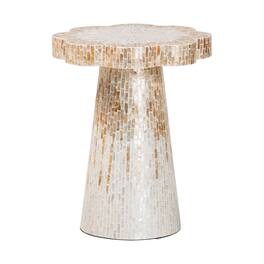 bali & pari - Beile Capiz Shell Pedestal End Table - Mother of Pearl Scalloped Accent Table with Textured Inlay Surface - White/Champagne Beige