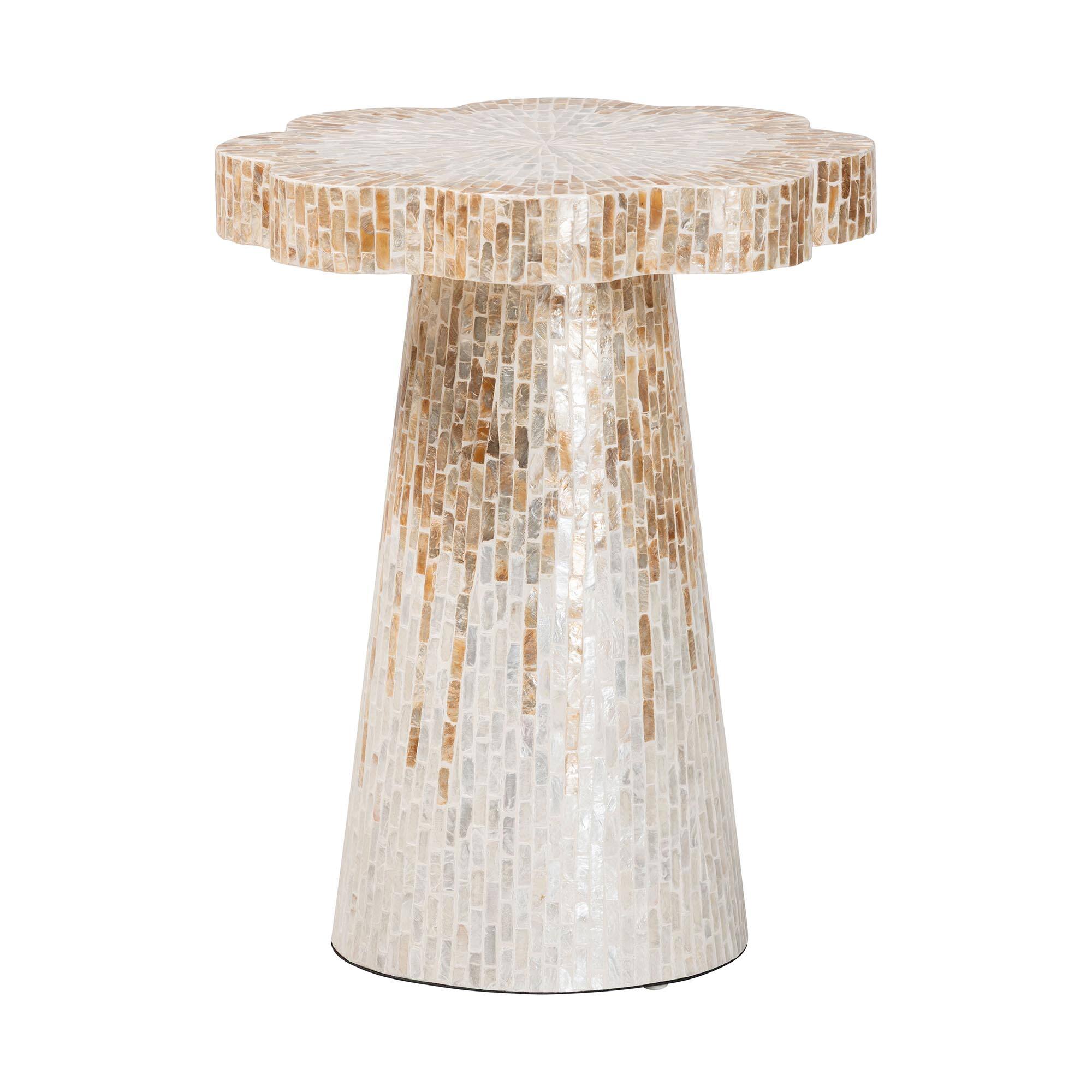Front. bali & pari - Beile Capiz Shell Pedestal End Table - Mother of Pearl Scalloped Accent Table with Textured Inlay Surface - White/Champagne Beige.