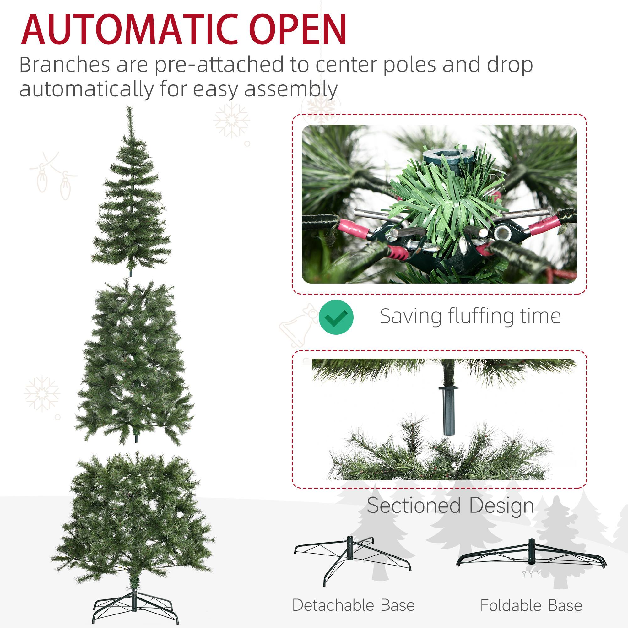 **AUTOMATIC OPEN**

Branches are pre-attached to center poles and drop automatically for easy assembly

- Saving fluffing time
- Sectioned Design
- Detachable Base
- Foldable Base
