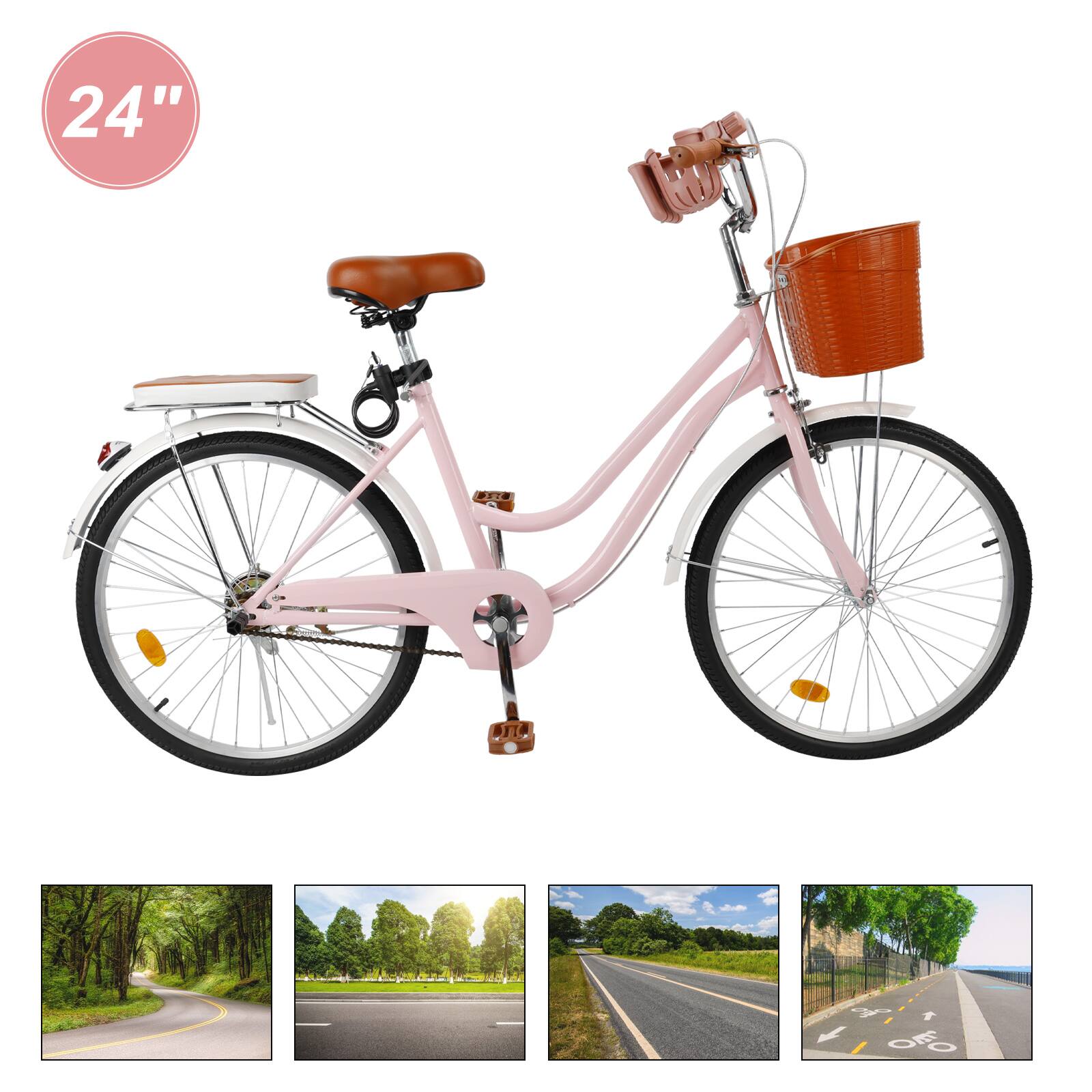 Back. Topteng - 24 Inch Beach Cruiser Bike for Adult -Low Step Design, Basket & Rack, High Carbon Steel Frame, Dual Brakes Bicycle Pink - Pink.