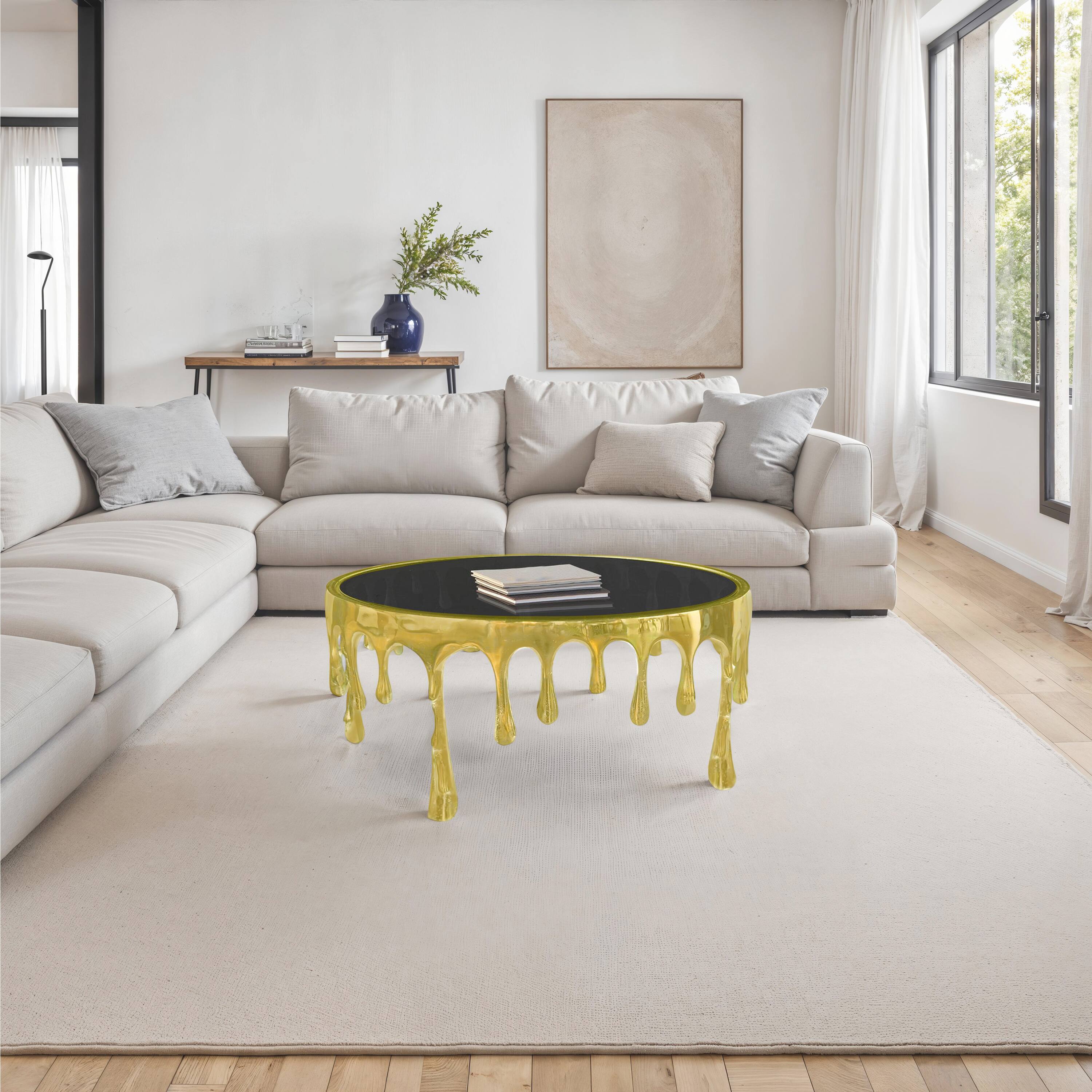Alt View 9. Manhattan Lane - Capri Coffee Table | 36 Inch Round Glass Top | Melting Drip Design - Gold, Black.
