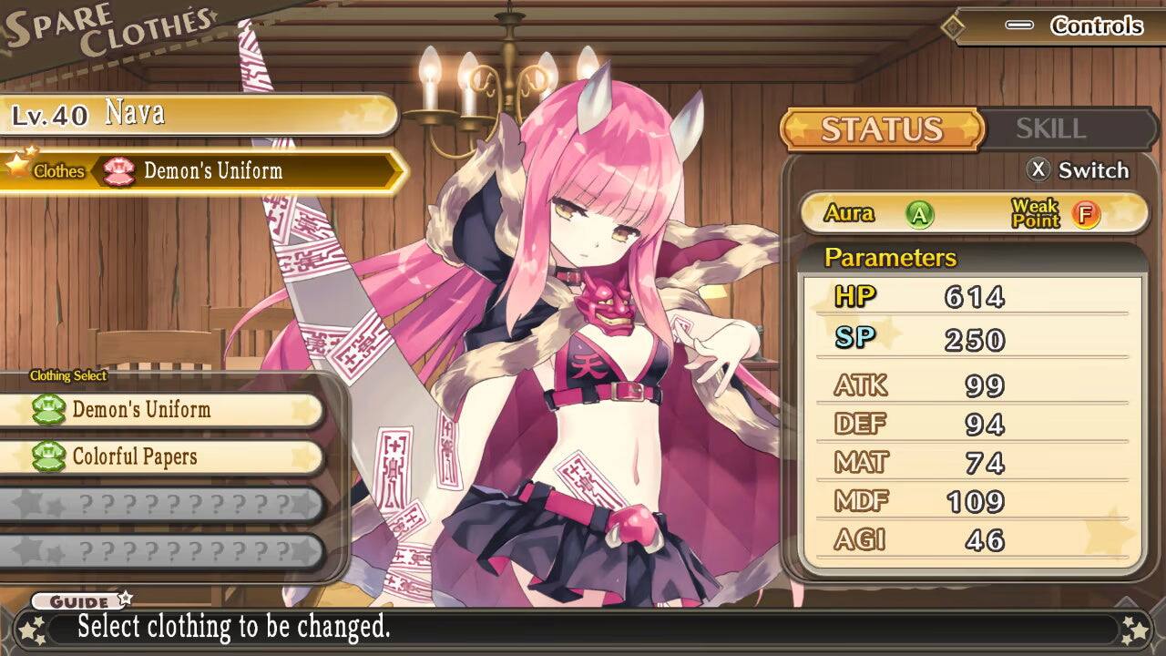SPARE CLOTHES  
Lv.40 Nava  
Clothes: Demon's Uniform  

STATUS  
Controls  
SKILL X Switch  

Clothing Select  
Demon's Uniform  
Colorful Papers  

Aura: A  
Weak Point: F  

Parameters  
HP: 614  
SP: 250  
ATK: 99  
DEF: 94  
MAT: 74  
MDF: 109  
AGI: 46  

GUIDE  
Select clothing to be changed.
