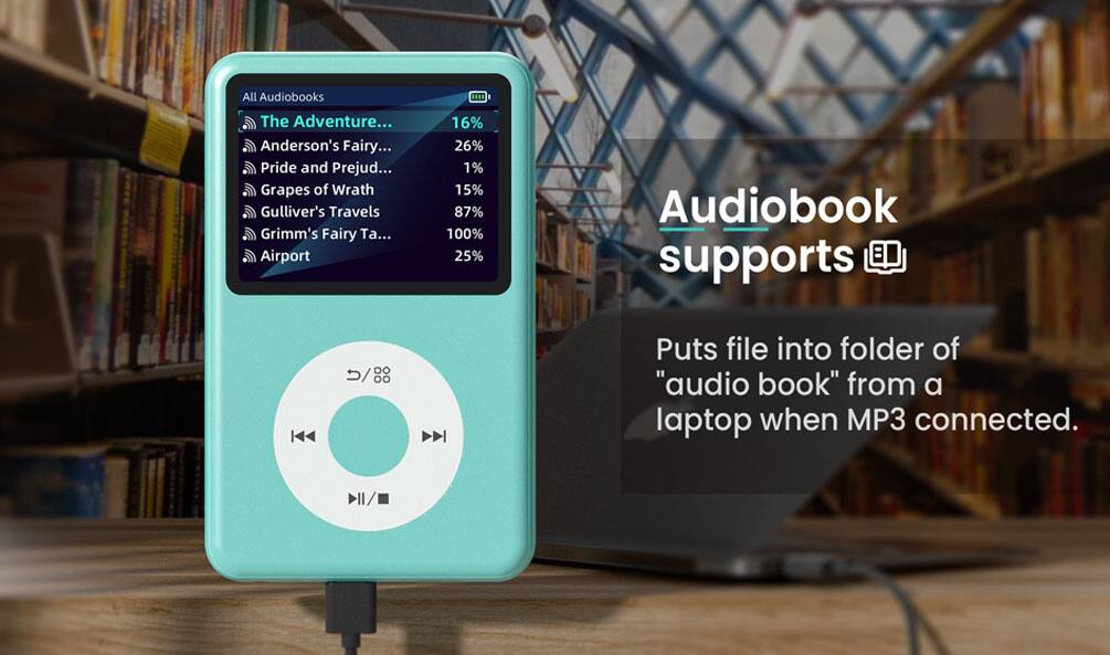 All Audiobooks  
The Adventure...  
Anderson's Fairy...  
Pride and Prejud...  
Grapes of Wrath  
Gulliver's Travels  
Grimm's Fairy Ta...  
Airport  

16%  
26%  
1%  
15%  
87%  
100%  
25%  

Audiobook supports  
Puts file into folder of "audio book" from a laptop when MP3 connected.