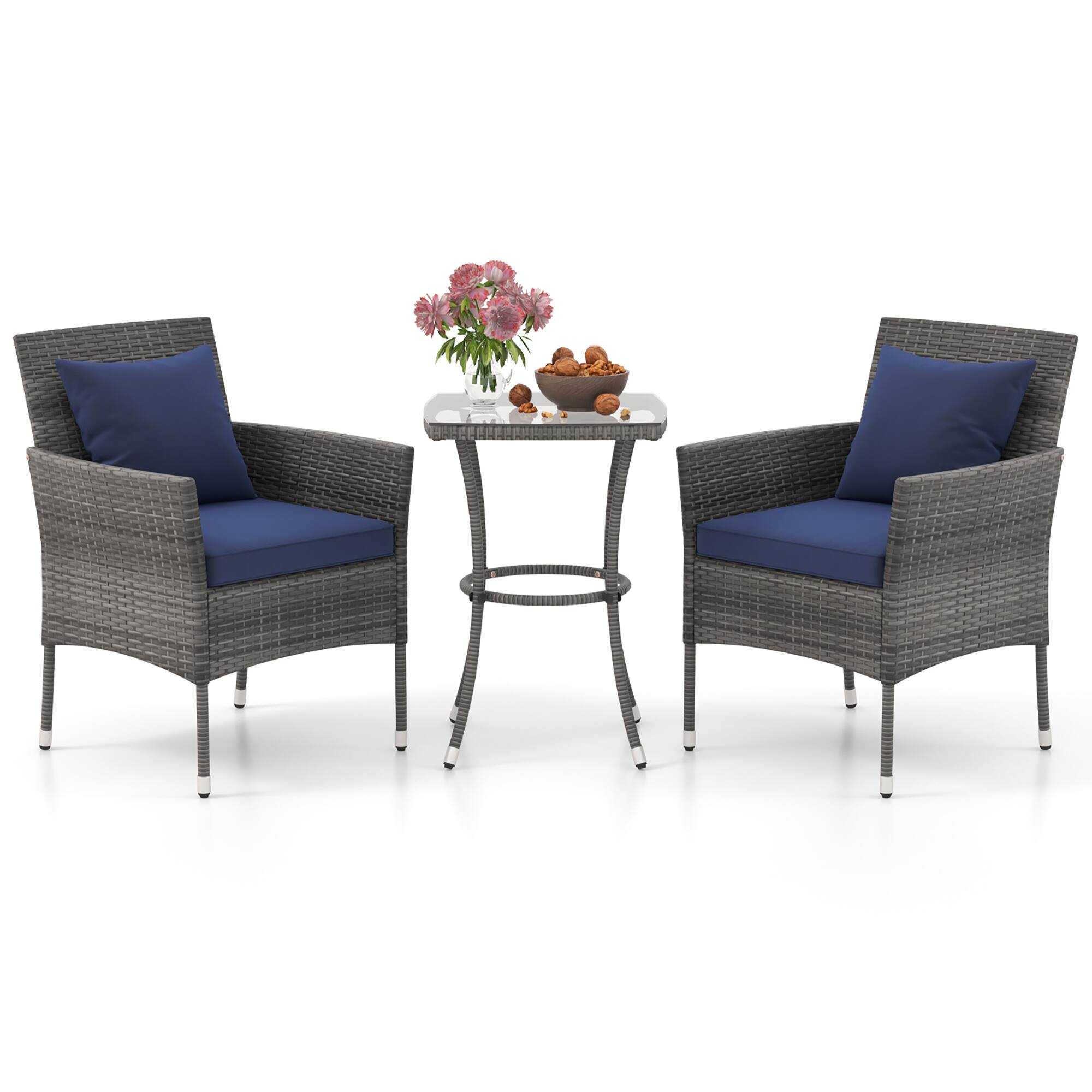 Alt View 1. Gymax - Gymax 3-Piece Patio Furniture Set PE Wicker Conversation Bistro Set w/ A Tempered Glass Table Navy - Navy.