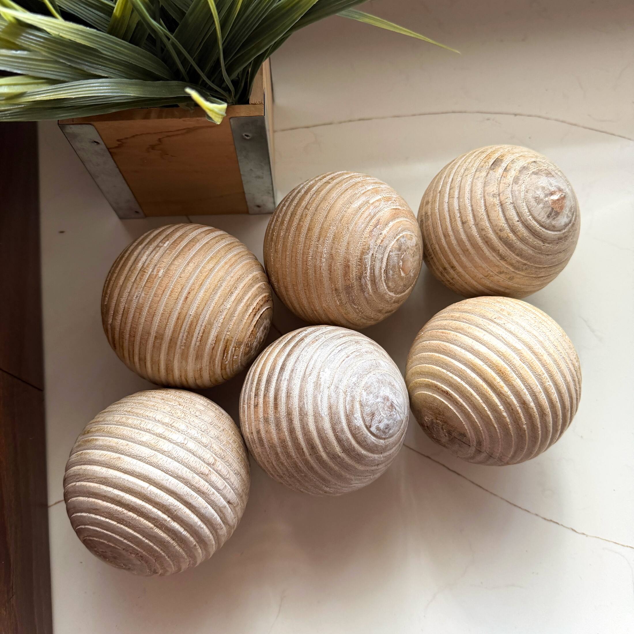 Alt View 4. PD Home & Garden - Set of 6 Ribbed Wooden Decorative Orbs Natural 4 Inch Striped Bowl Fillers - Natural.