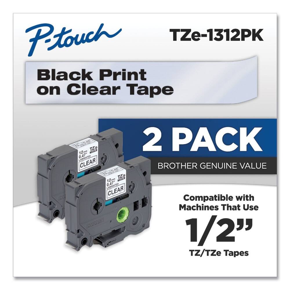 P-touch  
TZe-1312PK  
Black Print on Clear Tape  
2 PACK  
BROTHER GENUINE VALUE  
Compatible with Machines That Use 1/2" TZ/TZe Tapes