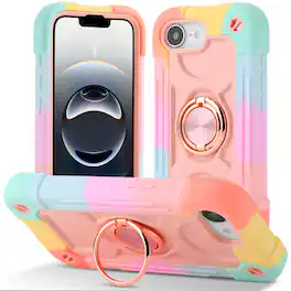 Dteck - Rugged Heavy Duty Case with Ring Kickstand for Apple iPhone 16e - Multi-Color