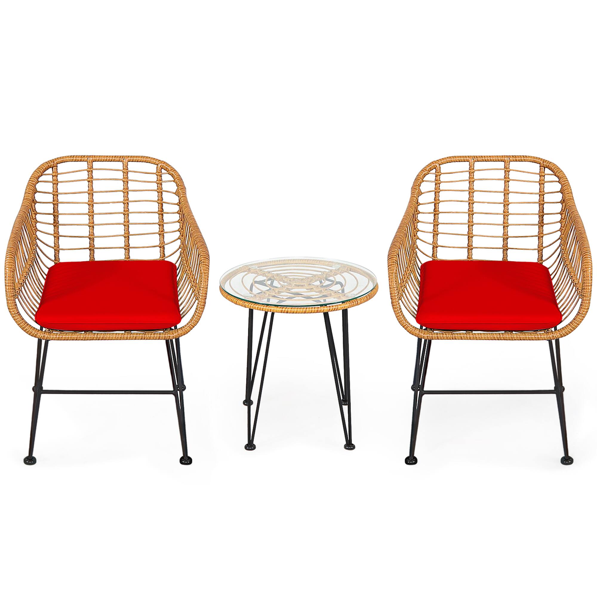 Alt View 1. Gymax - Gymax 3PCS Rattan Patio Bistro Set Conversation Furniture Set w/ Red Cushions - Red.