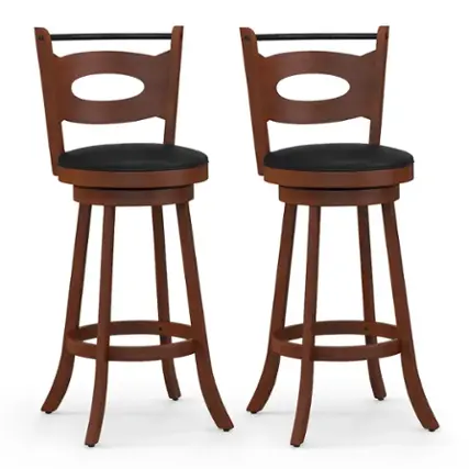 Costway - Set of 2 Bar Stools 360° Swivel Dining Chairs Solid Rubber Wood Leather Padded - Black/Brown