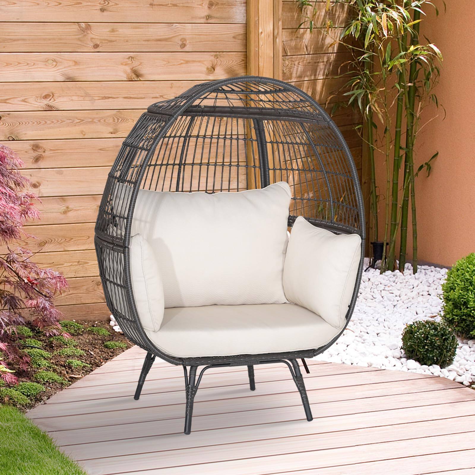 Alt View 6. Fabibe - Oversized Wicker Egg Chair, Stationary Patio Lounge Basket w/ 4 Soft Cushions, Stable Metal Frame, Gorgeous Indoor... - Mix Brown Egg Chair.
