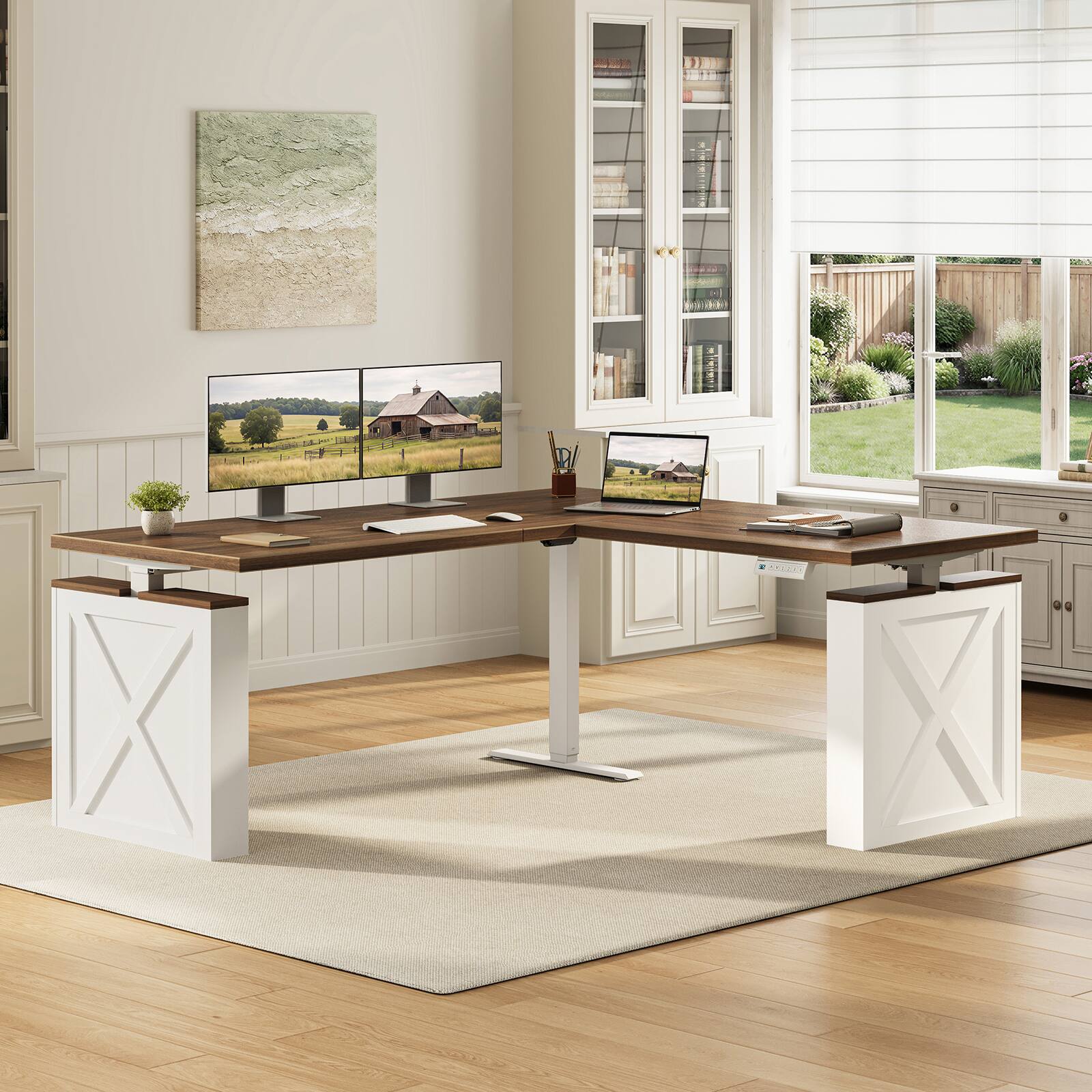 Back. OffiGo - Farmhouse L-Shaped Electric Standing Desk with Decorative Legs, Height Adjustable Sit-Stand Workstation for Home Office - Walnut/White.
