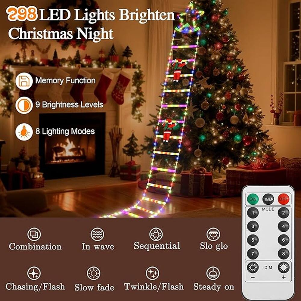 298 LED Lights Brighten Christmas Night

- Memory Function
- 9 Brightness Levels
- 8 Lighting Modes

Lighting Modes:
1. Combination
2. In wave
3. Sequential
4. Slo glo
5. Chasing/Flash
6. Slow fade
7. Twinkle/Flash
8. Steady on

Controls:
- ON TIMER OFF
- MODE (1-8)
- DIM (up/down)
