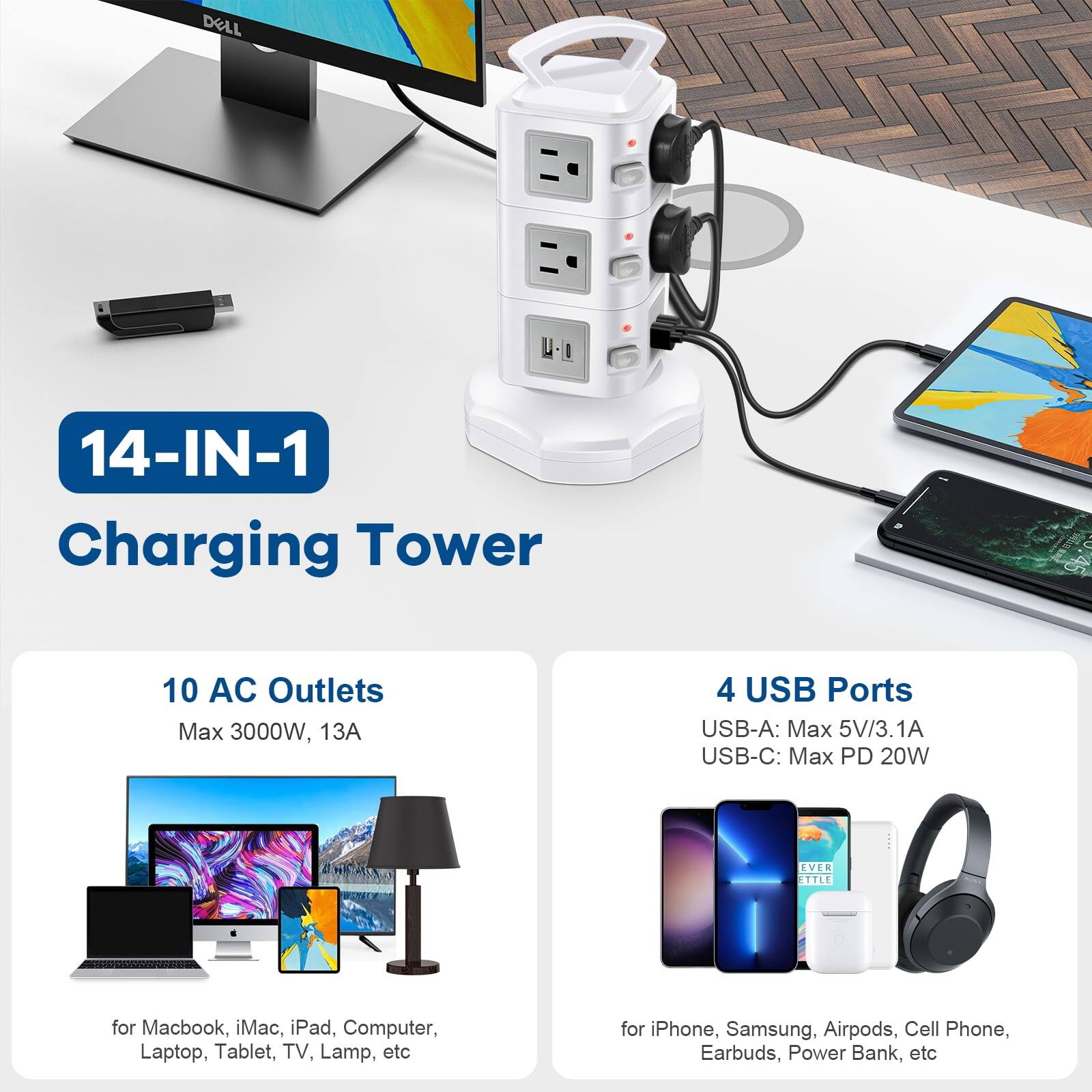 DELL 14-IN-1 Charging Tower

- 10 AC Outlets
  - Max 3000W, 13A

- 4 USB Ports
  - USB-A: Max 5V/3.1A
  - USB-C: Max PD 20W

For MacBook, iMac, iPad, Computer, Laptop, Tablet, TV, Lamp, etc

For iPhone, Samsung, Airpods, Cell Phone, Earbuds, Power Bank, etc