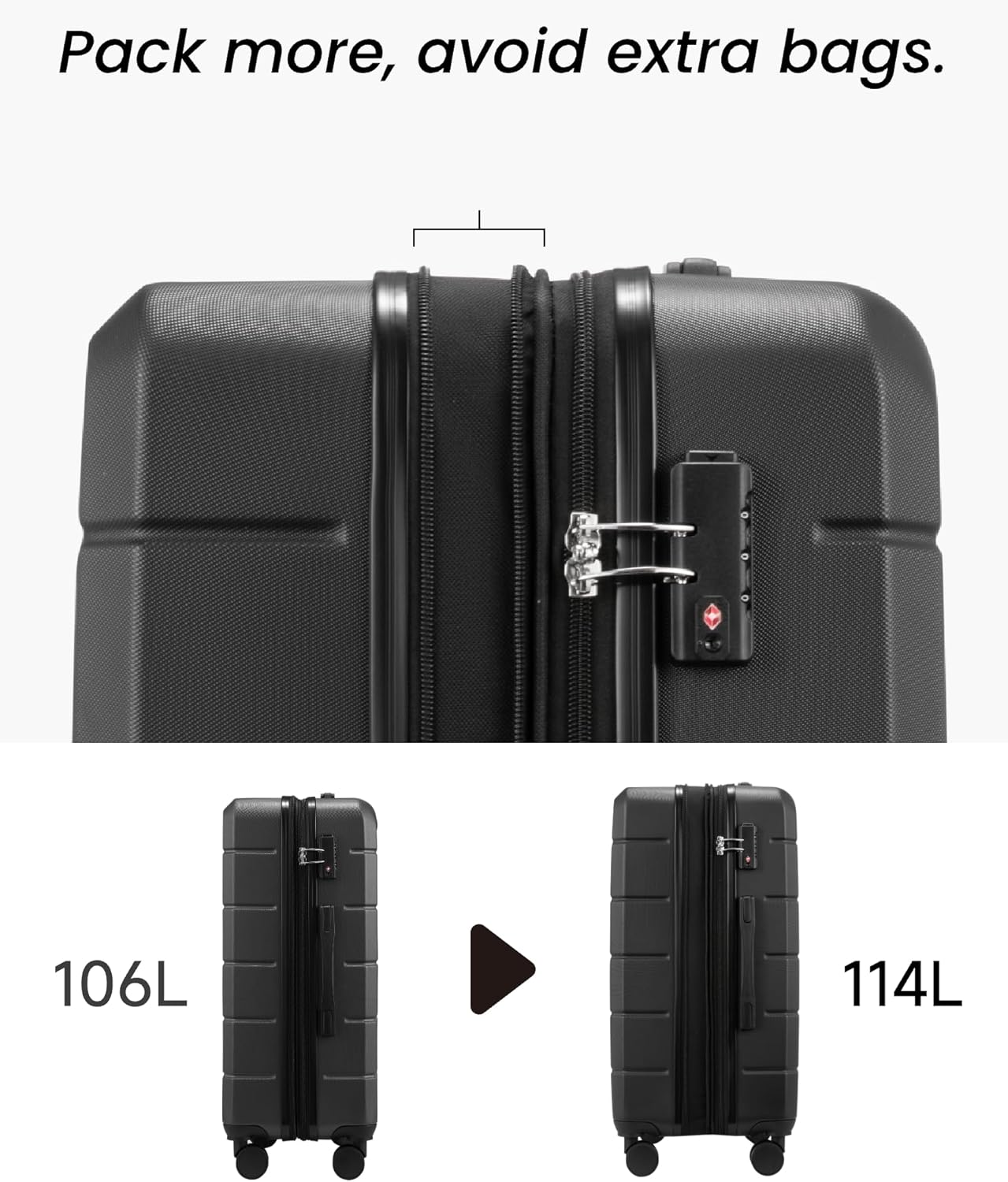 Pack more, avoid extra bags.

106L

114L