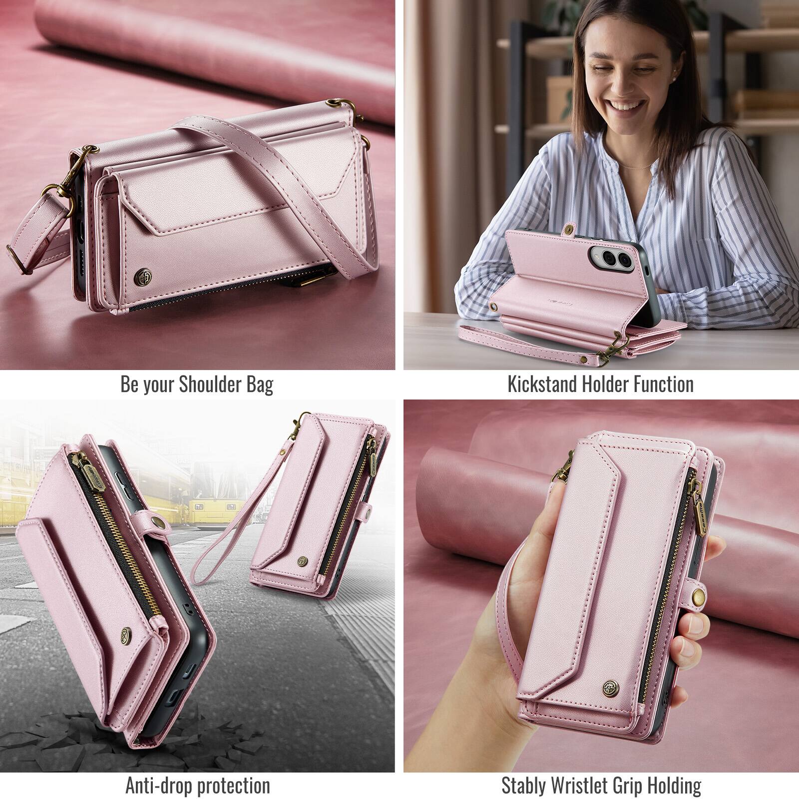 Be your Shoulder Bag  
Kickstand Holder Function  
Anti-drop protection  
Stably Wristlet Grip Holding