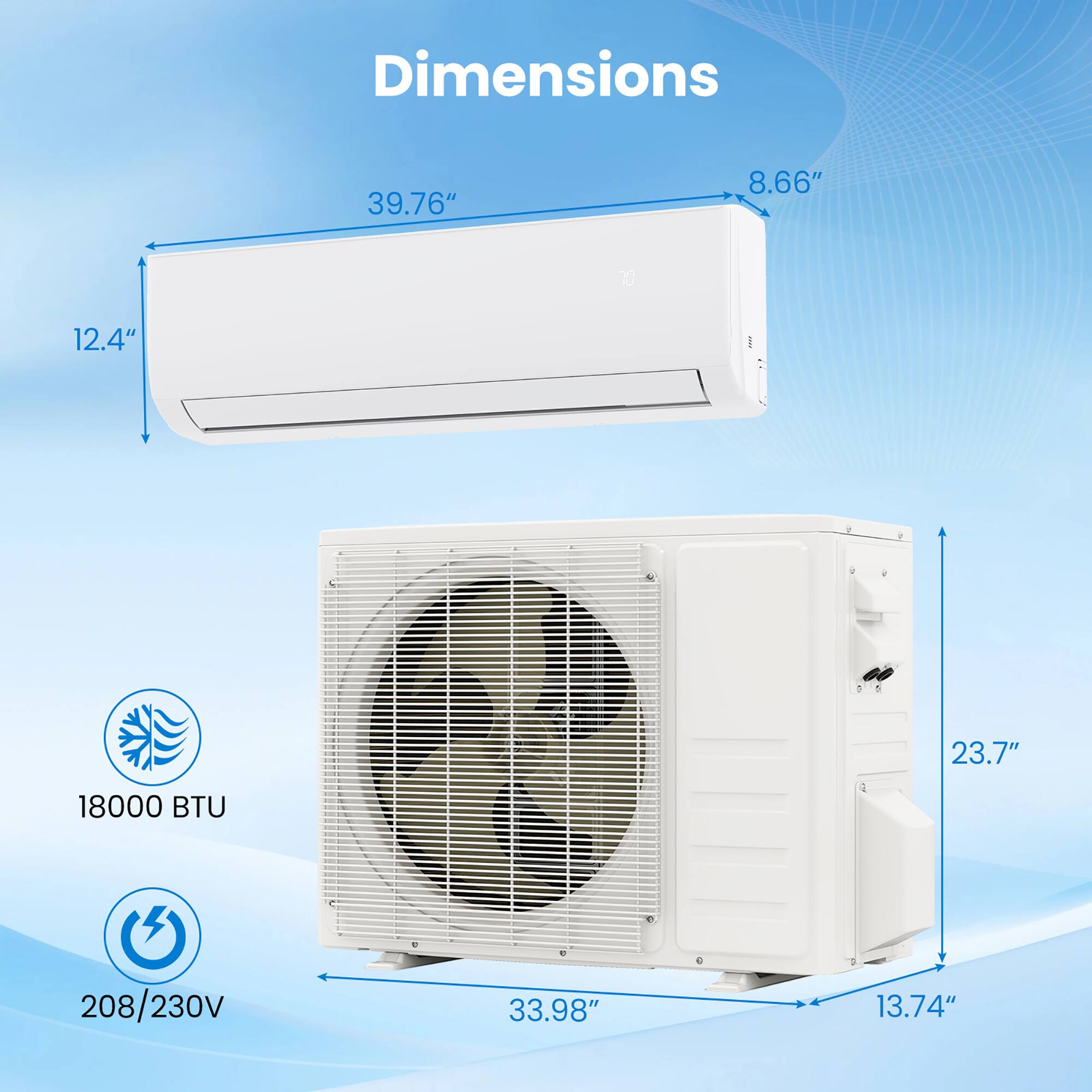 Dimensions: 39.76" x 8.66" x 12.4"  
18000 BTU  
208/230V  
33.98" x 23.7" x 13.74"