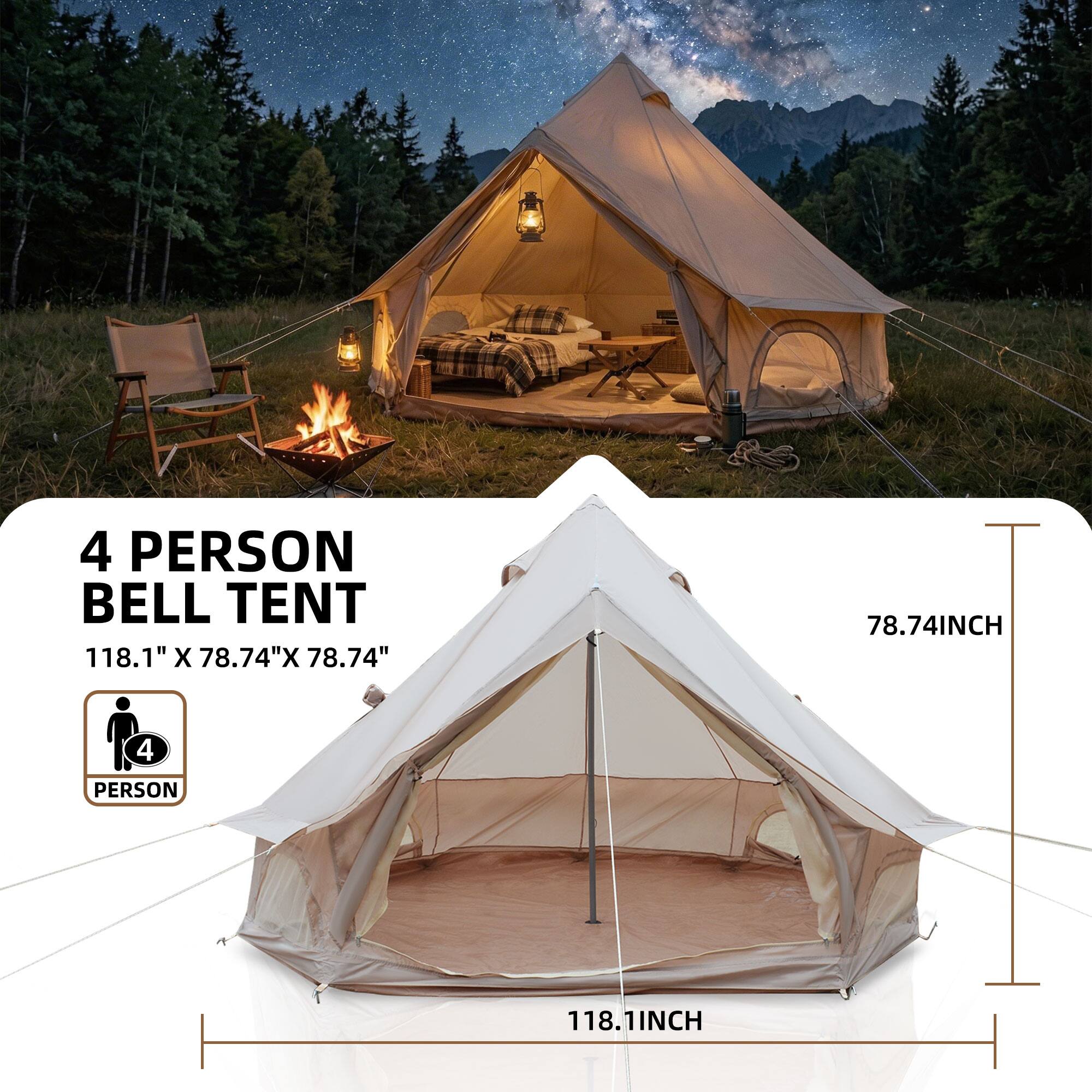 4 PERSON BELL TENT  
118.1" X 78.74" X 78.74"  
78.74 INCH  
118.1 INCH