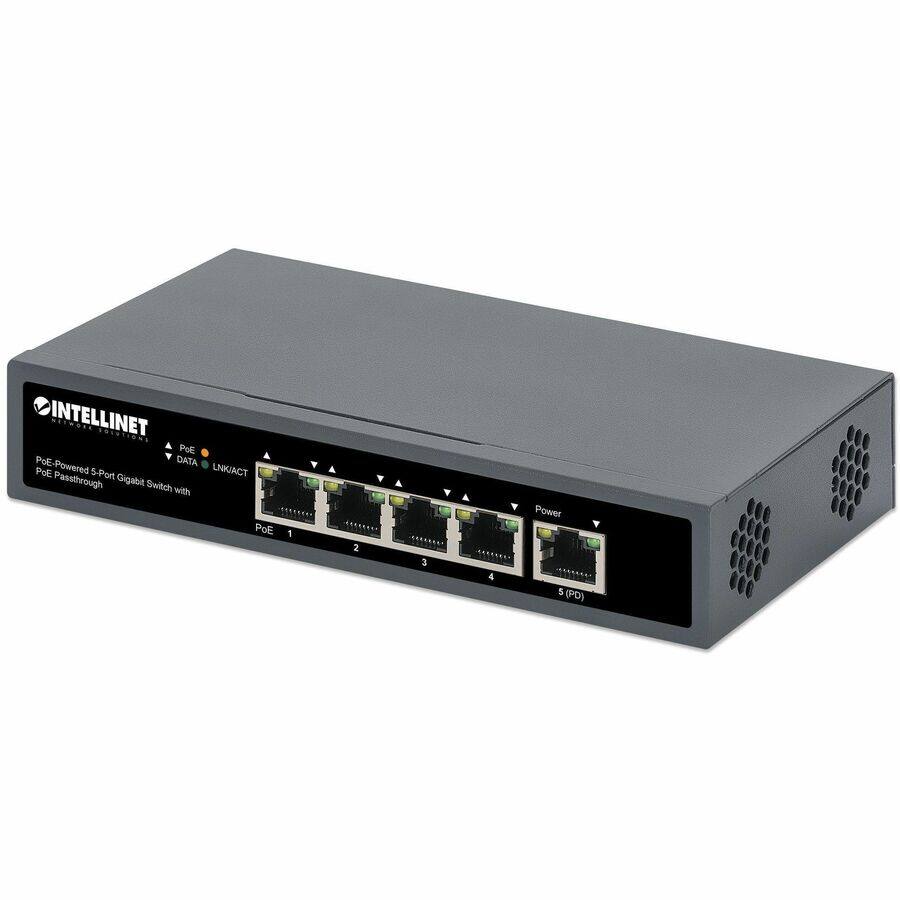 INTELLINET  
PoE-Powered 5-Port Gigabit Switch with PoE Pass-through  

- DATA
- LINK/ACT
- PoE 1
- PoE 2
- PoE 3
- Power
- PoE 4
- PoE 5 (PD)