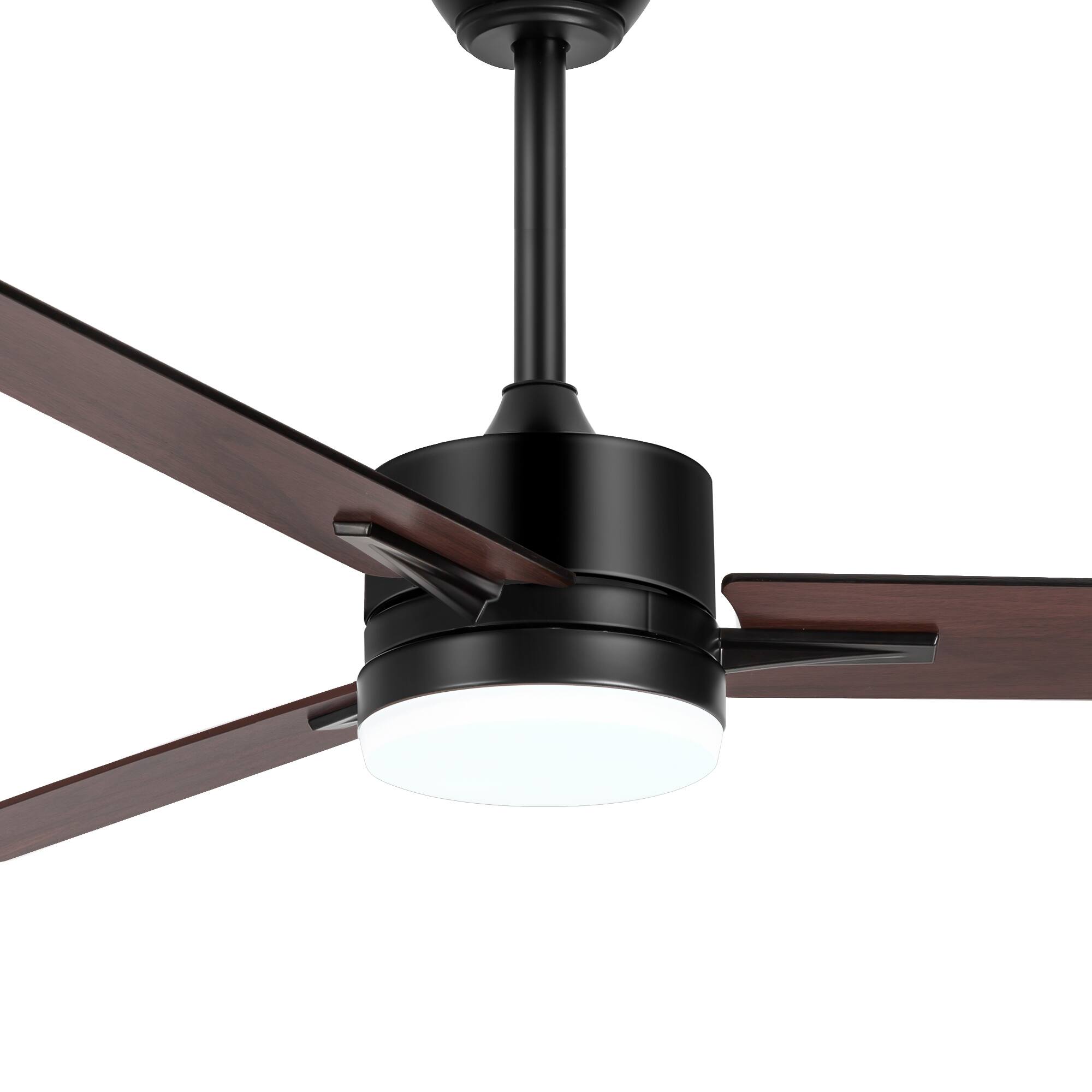 Left. Breezary - 52" Ceiling Fan with 3 Dual-Finish Blades, 3-Color Light, 6-Speed DC Motor, Remote Control with Timer & Memory - Matte Black and Dark Wood Grain.