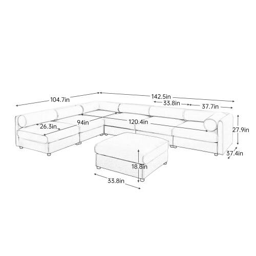104.7in 142.5in 33.8in 37.7in 26.3in 94in 120.4in 27.9in 37.4in 18.8in 33.8in