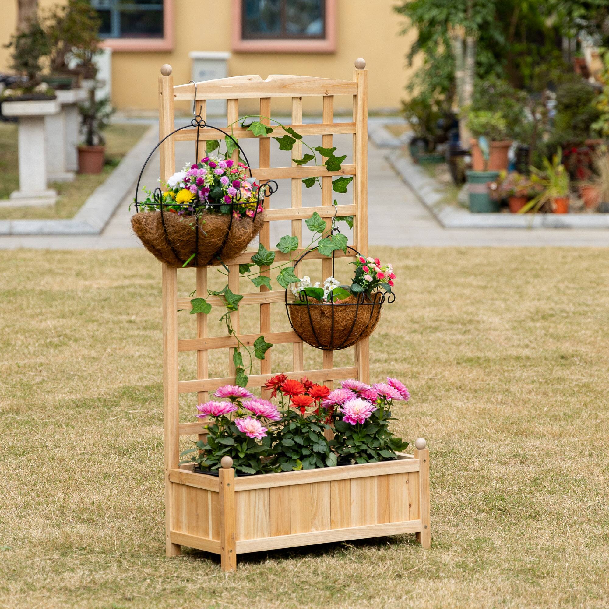 Alt View 1. Outsunny - Wooden Raised Garden Bed with Trellis, Outdoor Planter Box with Drainage Crevices for Climbing Vine, 24" x 12" x 49" - Natural.