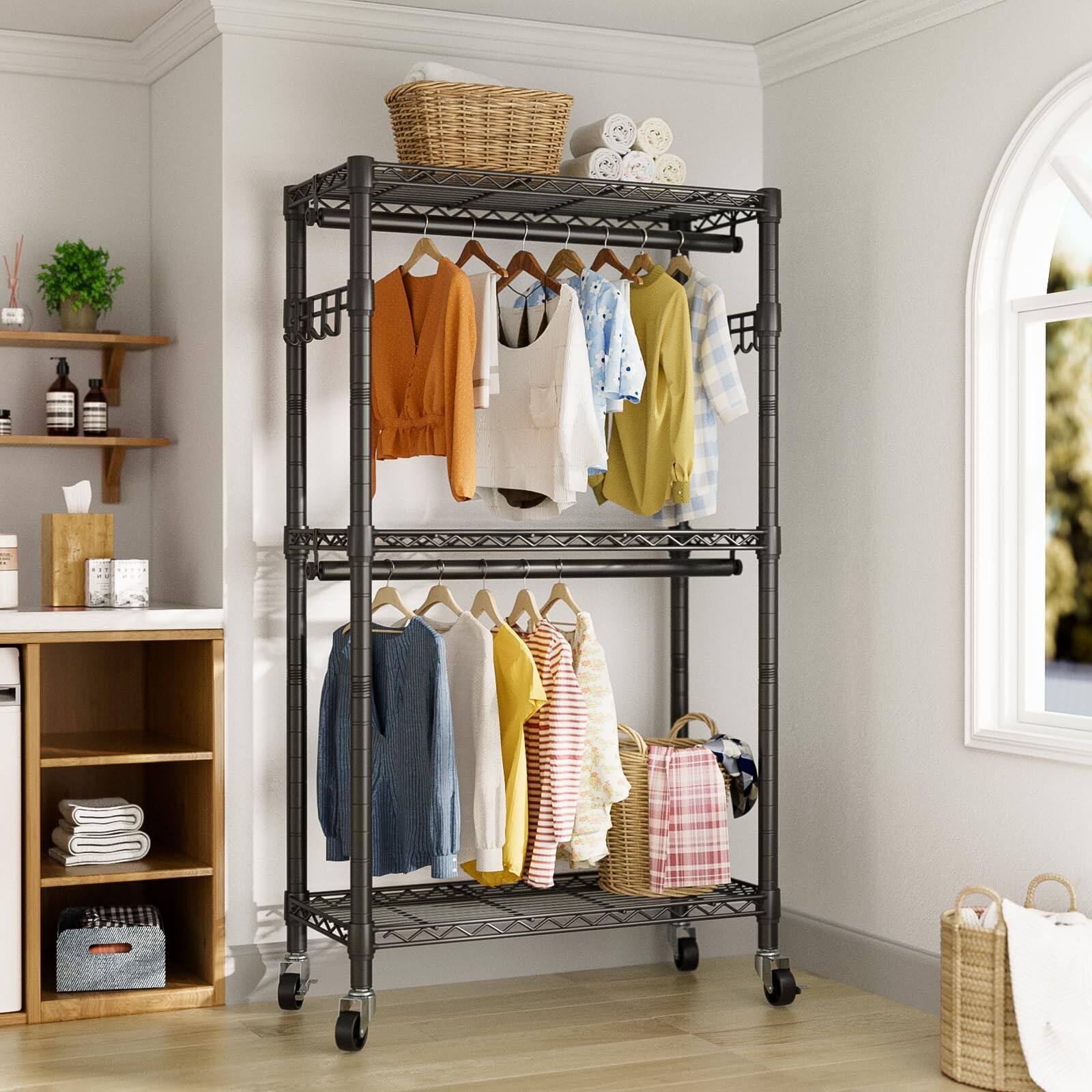 Alt View 2. Refined Abode Design - Heavy Duty Clothes Rack Rolling Garment Adjustable Wire Shelving Clothing Racks For Hanging With Double Rod... - Black,Plus-Single Rod 15.75"D x 31.5"W x 78.75"H.