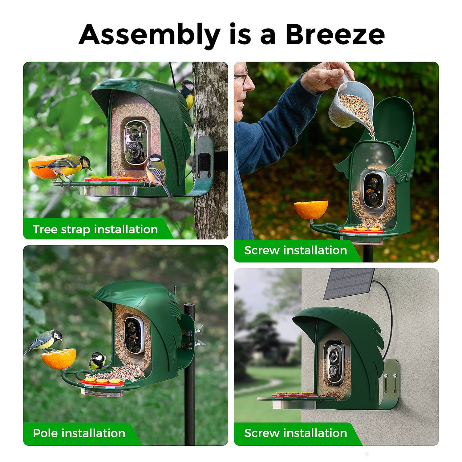 Assembly is a Breeze

- Tree strap installation
- Screw installation
- Pole installation
- Screw installation