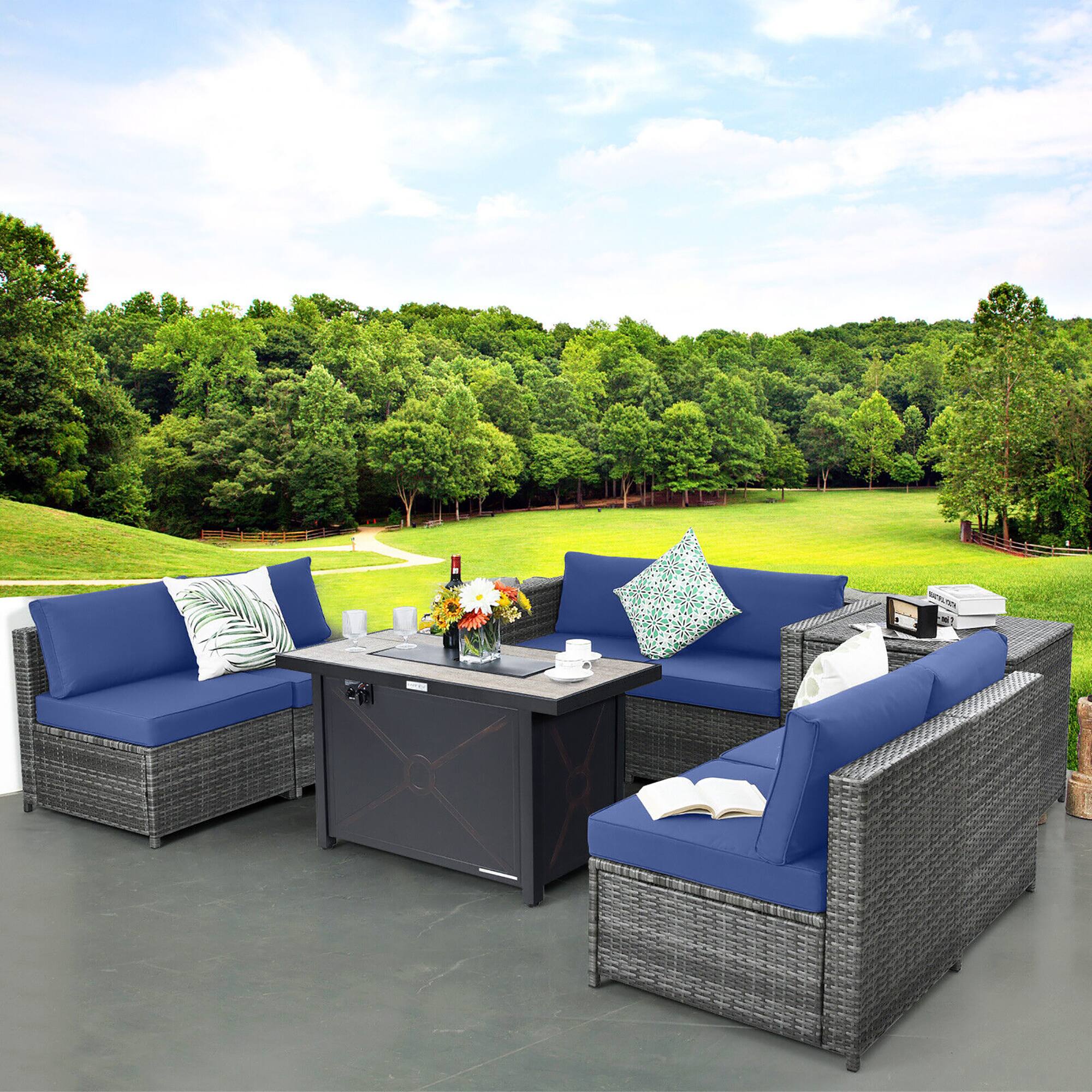 Alt View 3. Gymax - Gymax 9 PCS Patio Rattan Furniture Set Fire Pit Table Storage Black W/ Cover Navy - Navy.