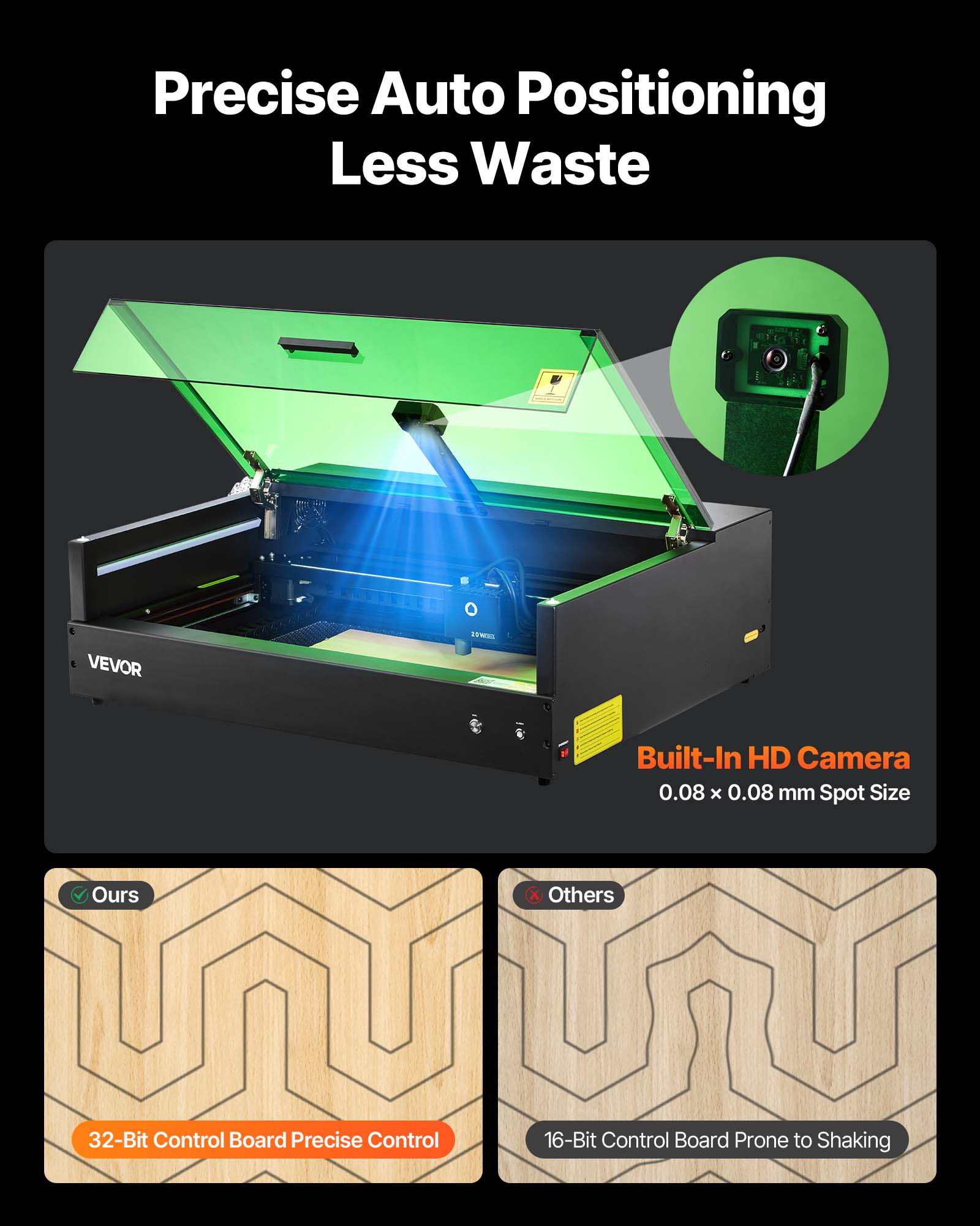 Precise Auto Positioning Less Waste

VEVOR STNOO

Built-In HD Camera  
0.08 x 0.08 mm Spot Size

Ours  
32-Bit Control Board Precise Control

Others  
16-Bit Control Board Prone to Shaking