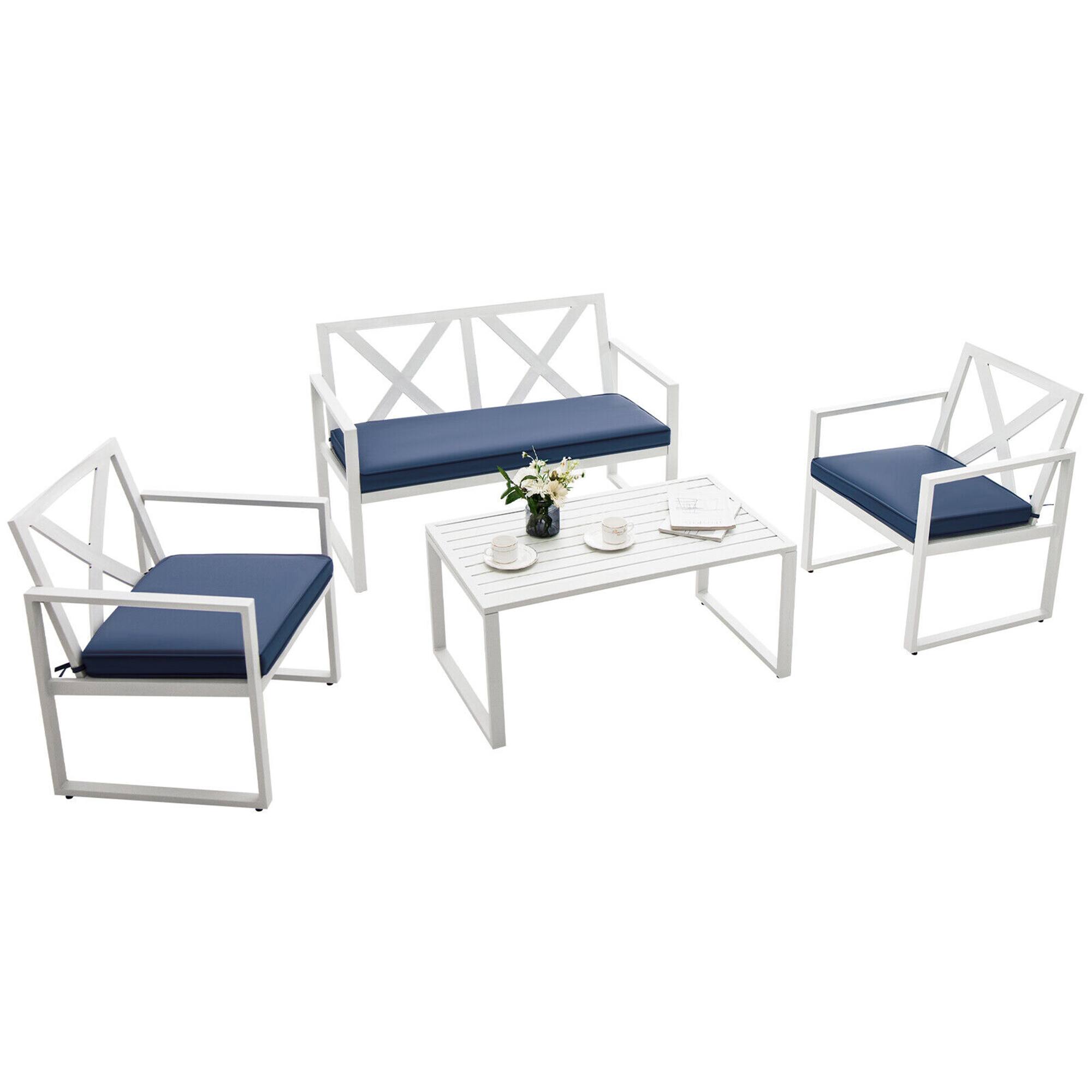 Alt View 1. Gymax - Gymax 4PCS Patio Furniture Set Outdoor Conversation Set Metal Frame w/ Navy Cushions - Navy.