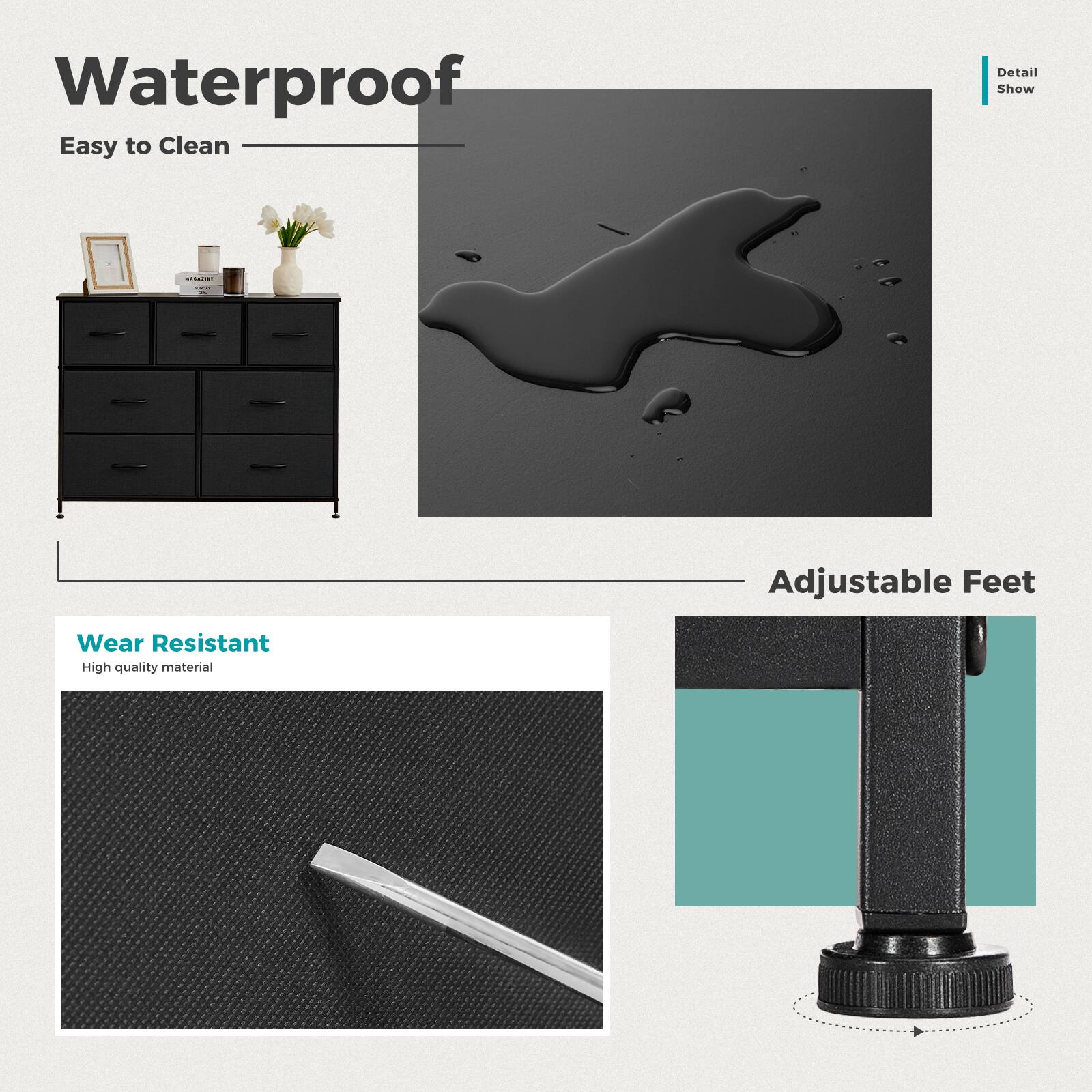 - Waterproof
  - Easy to Clean

- Wear Resistant
  - High quality material

- Adjustable Feet