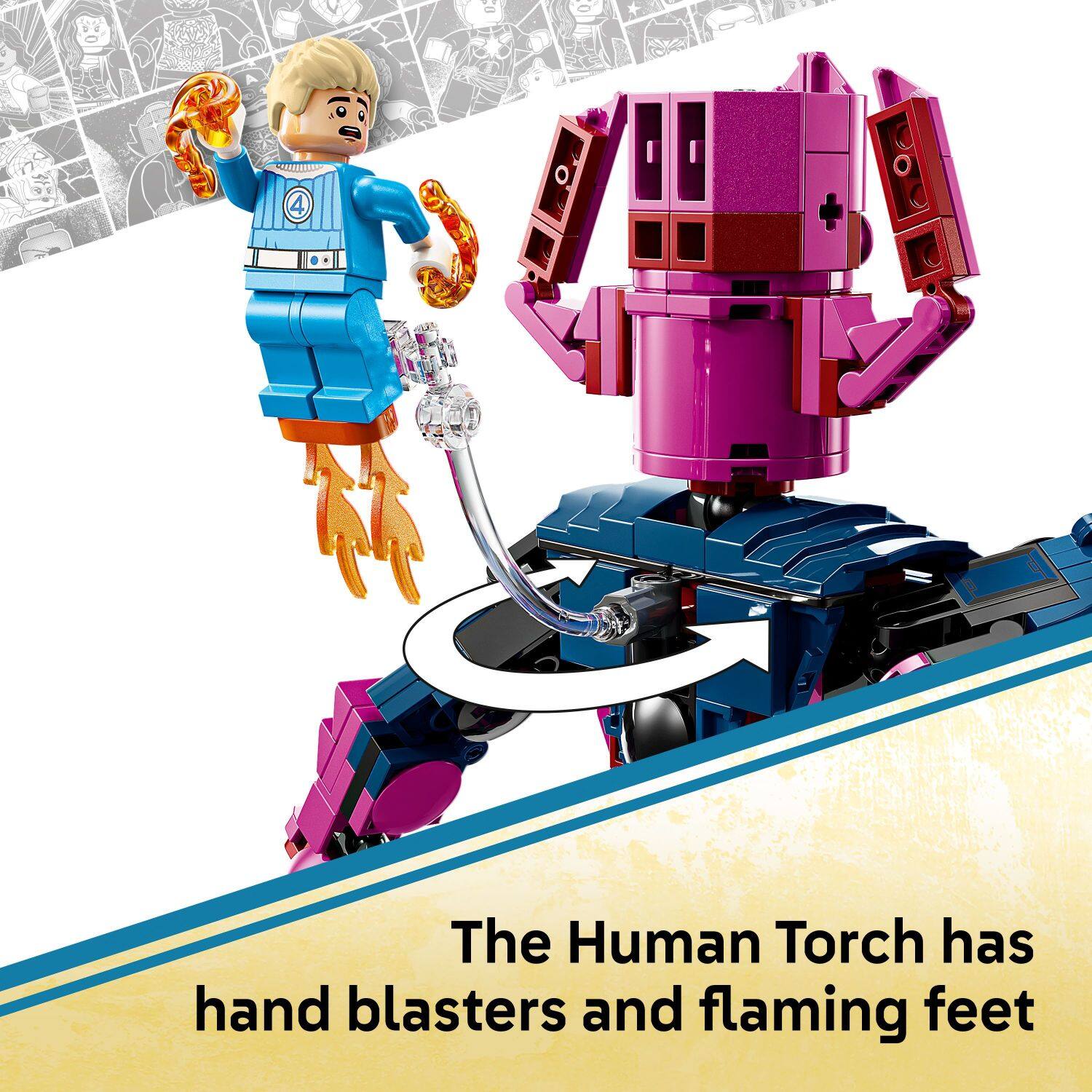 The Human Torch has hand blasters and flaming feet.