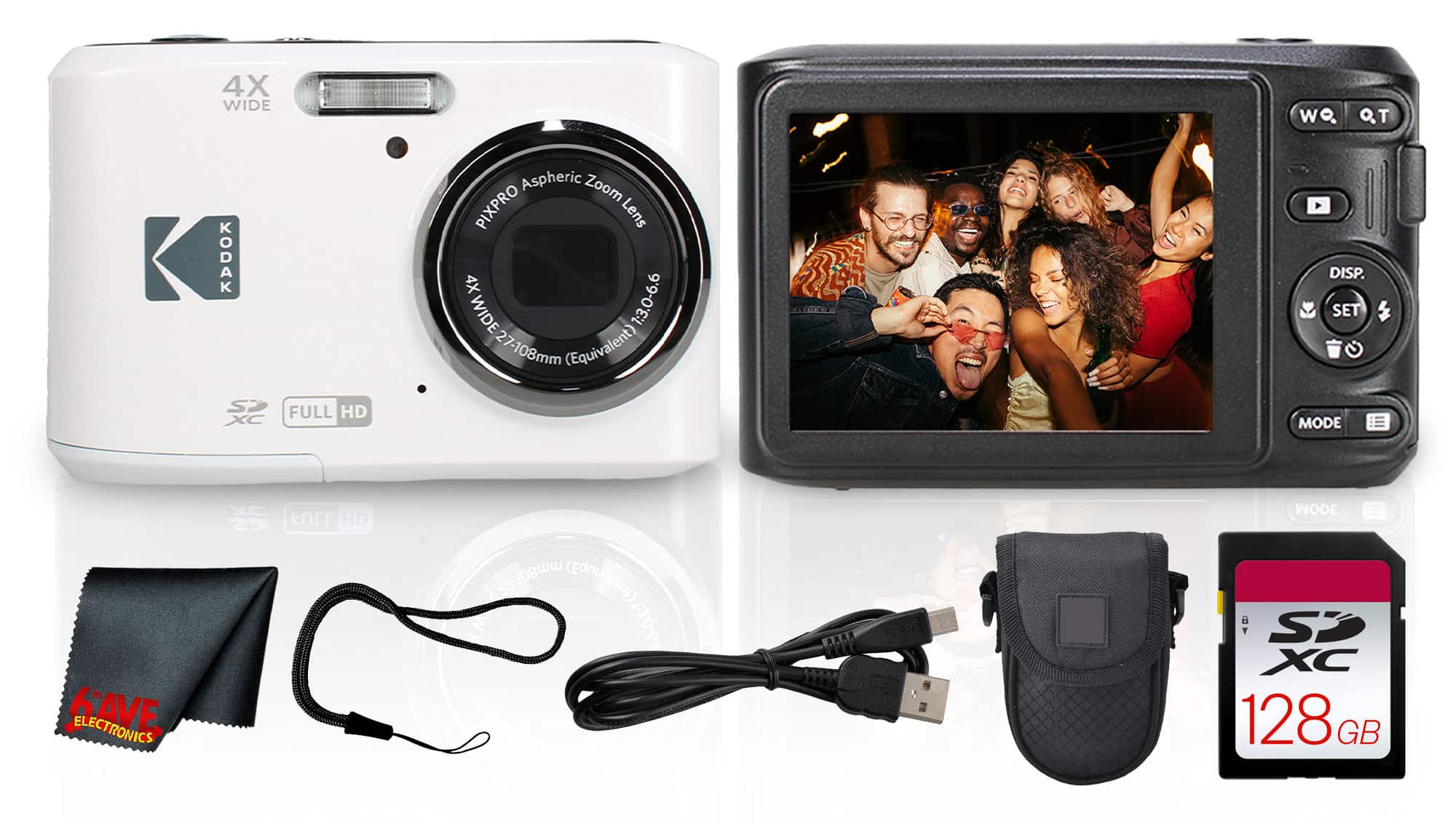 Kodak - PIXPRO FZ45 Digital Camera (White) (FZ45WH) + 128GB Card + Camera Case + Cleaning Cloth