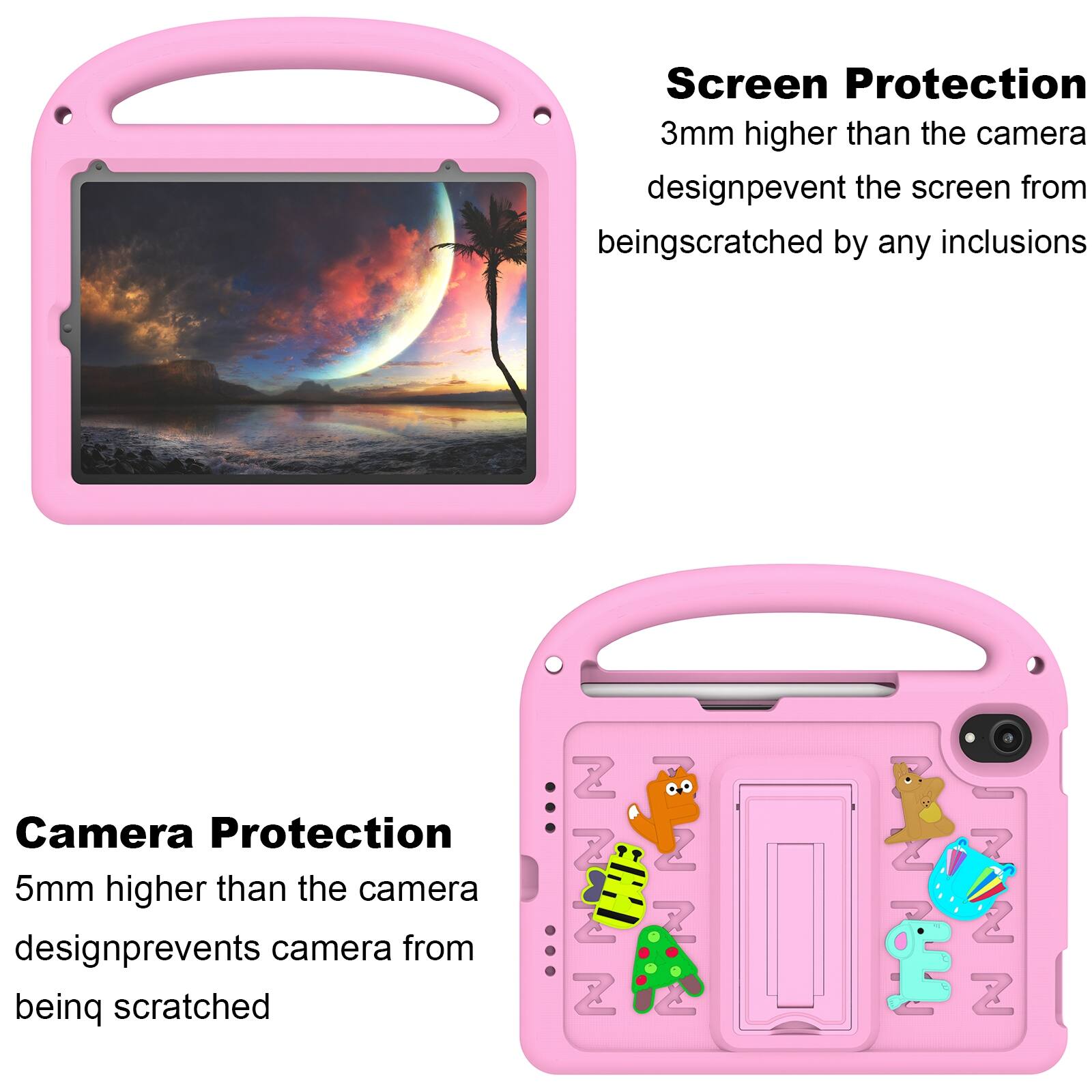 Screen Protection  
3mm higher than the camera design prevents the screen from being scratched by any inclusions  

Camera Protection  
5mm higher than the camera design prevents camera from being scratched