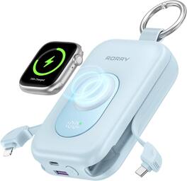RORRY - CharmGo 20000mAh Portable Charger, 30W Power Bank, Built-in Cables, LCD, Keychain, for iPhone & Apple Watch - Blue