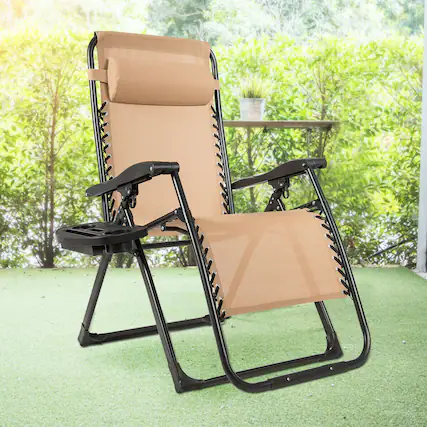 Front. Gymax - Gymax Folding Zero Gravity Lounge Chair Recliner w/ Cup Holder Tray Pillow Beige - Beige.