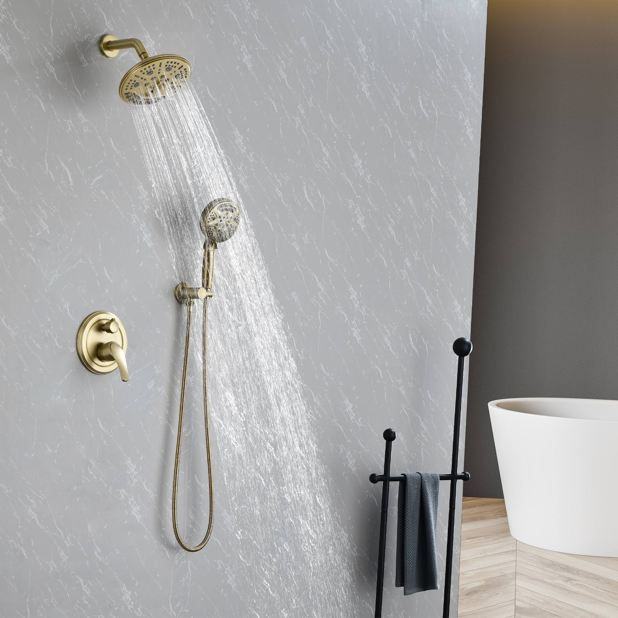 Alt View 1. Boyel Living - Brushed Gold Shower Set Brass SUS304 2-Function Valve 8-Inch Top Spray 9-Function Handheld 60-Inch Hose cUPC - Brushed Gold.
