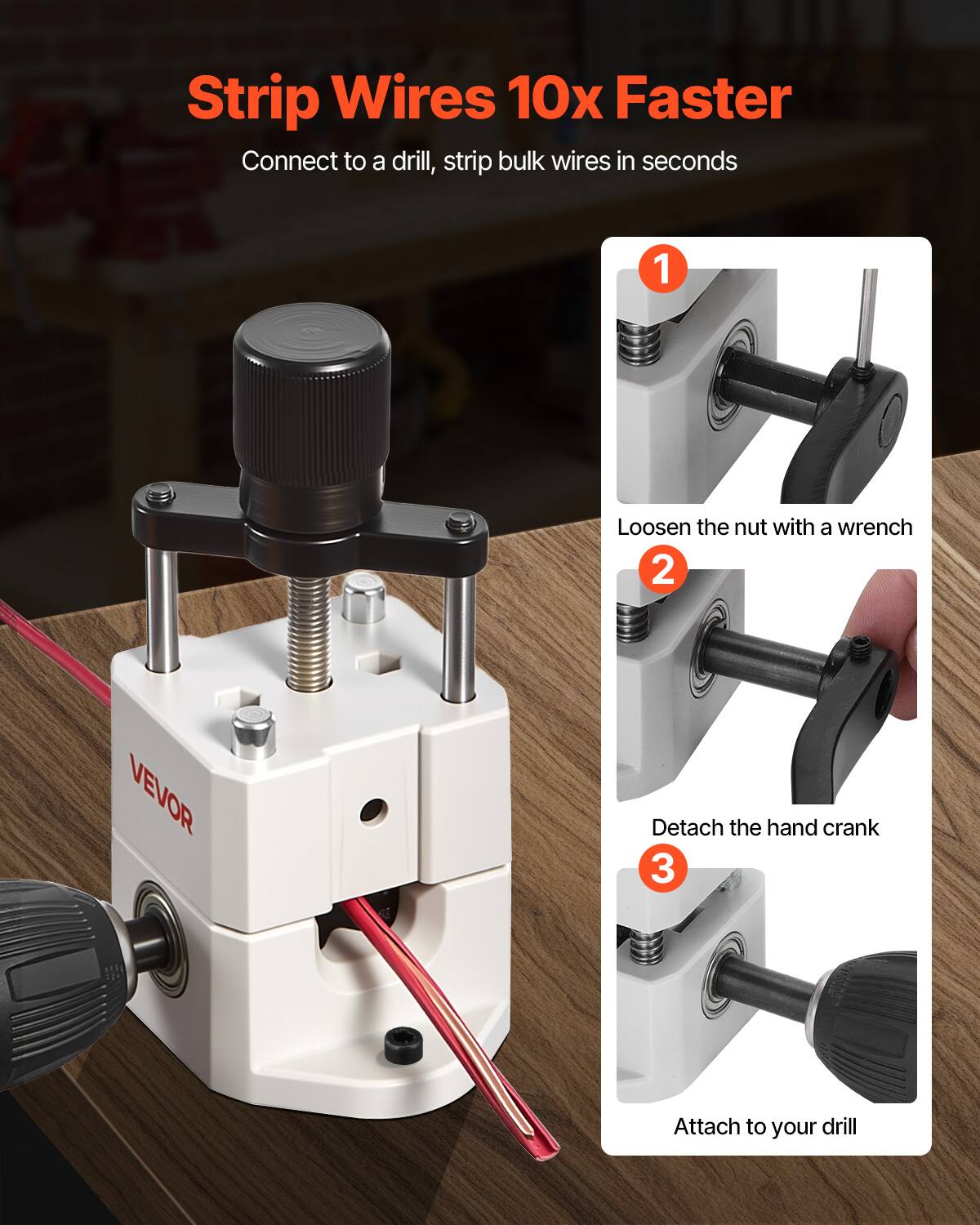 Strip Wires 10x Faster  
Connect to a drill, strip bulk wires in seconds  

1. Loosen the nut with a wrench  
2. Detach the hand crank  
3. Attach to your drill