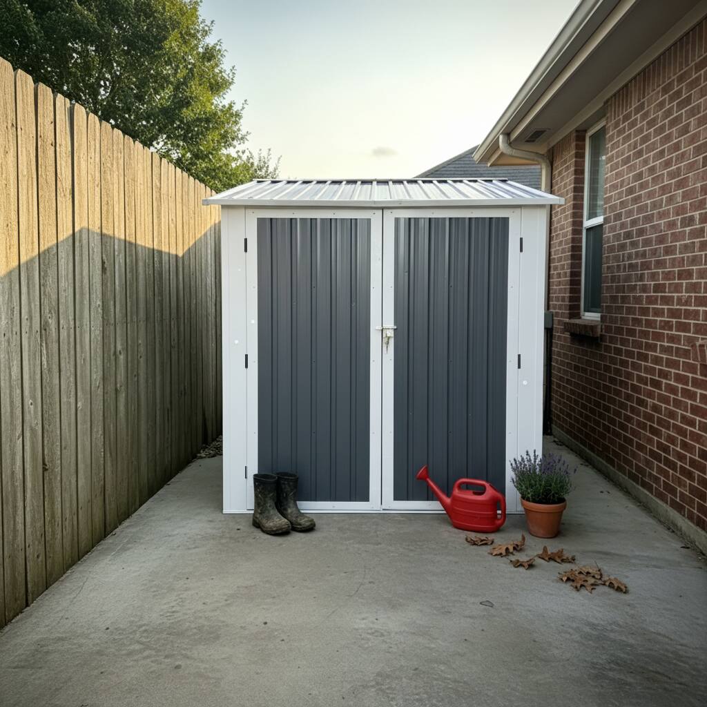 Angle. Anysun - 6x9 FT Outdoor Metal Storage Shed with Window & Flower Rack – Lockable Double Doors Tool Shed, Waterproof Weatherproof - Coal Gray.