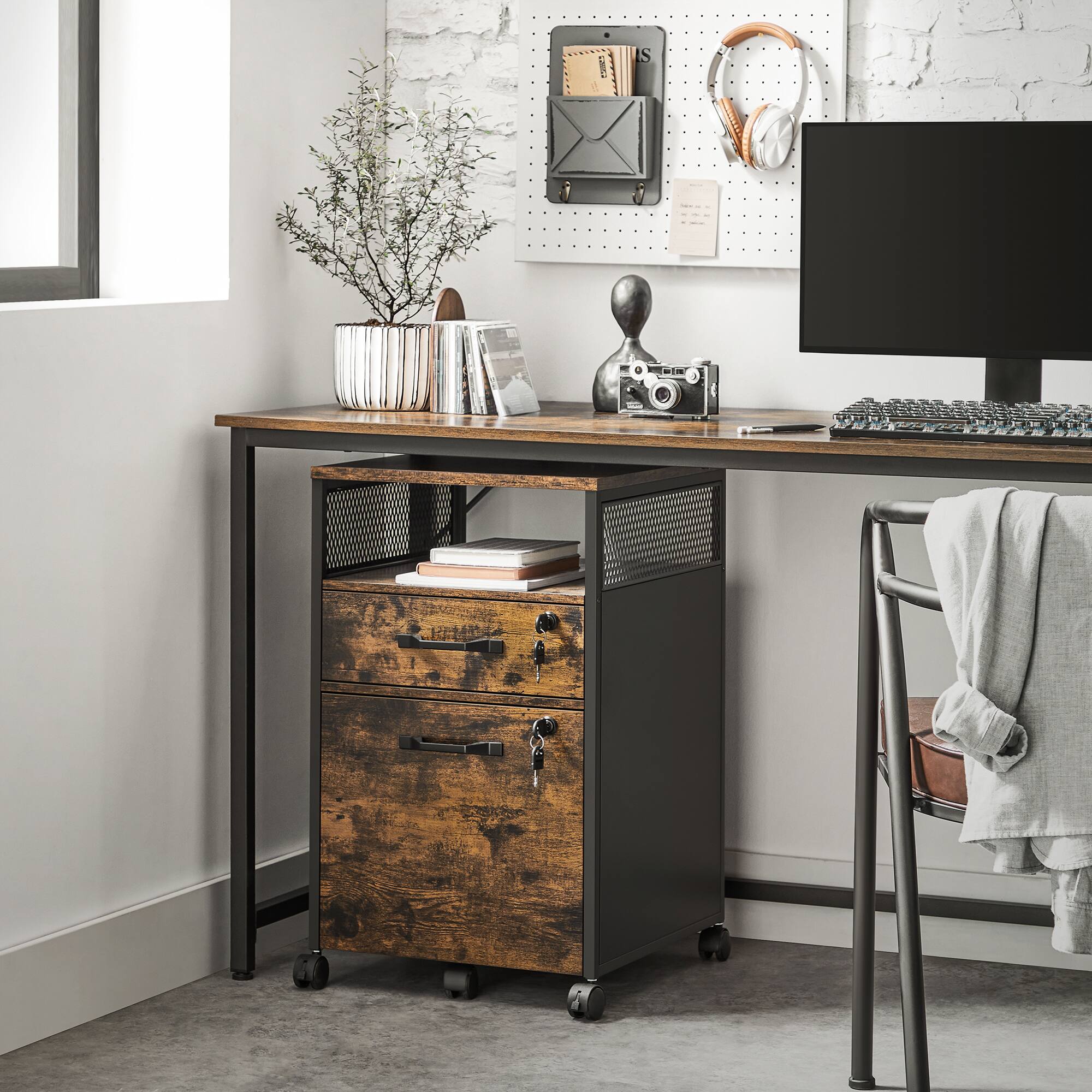 Left. Songmics Home - File Cabinet, Mobile Filing Cabinet with Wheels, 2 Lockable Drawers, Open Shelf, for A4, Letter Size - Rustic Brown and Ink Black.
