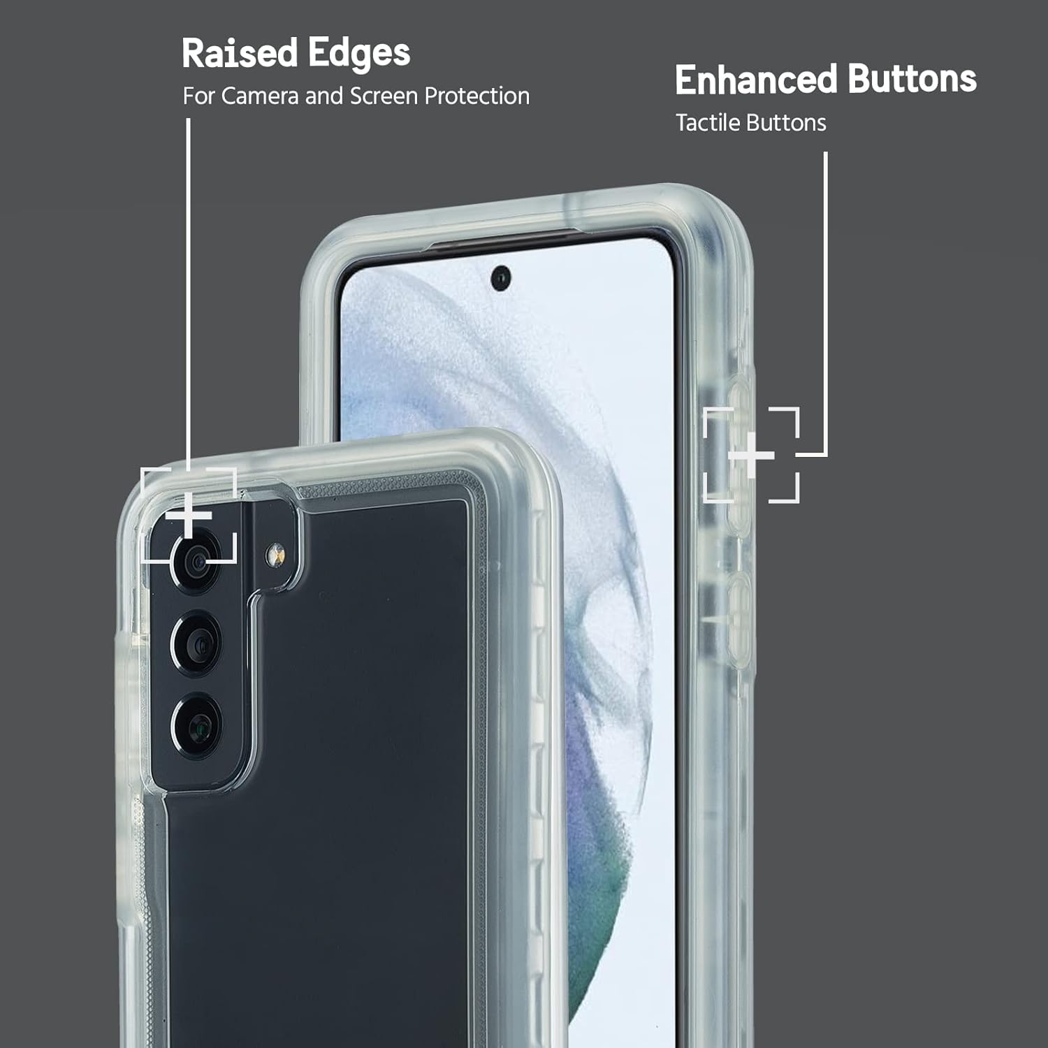 Raised Edges  
For Camera and Screen Protection  

Enhanced Buttons  
Tactile Buttons