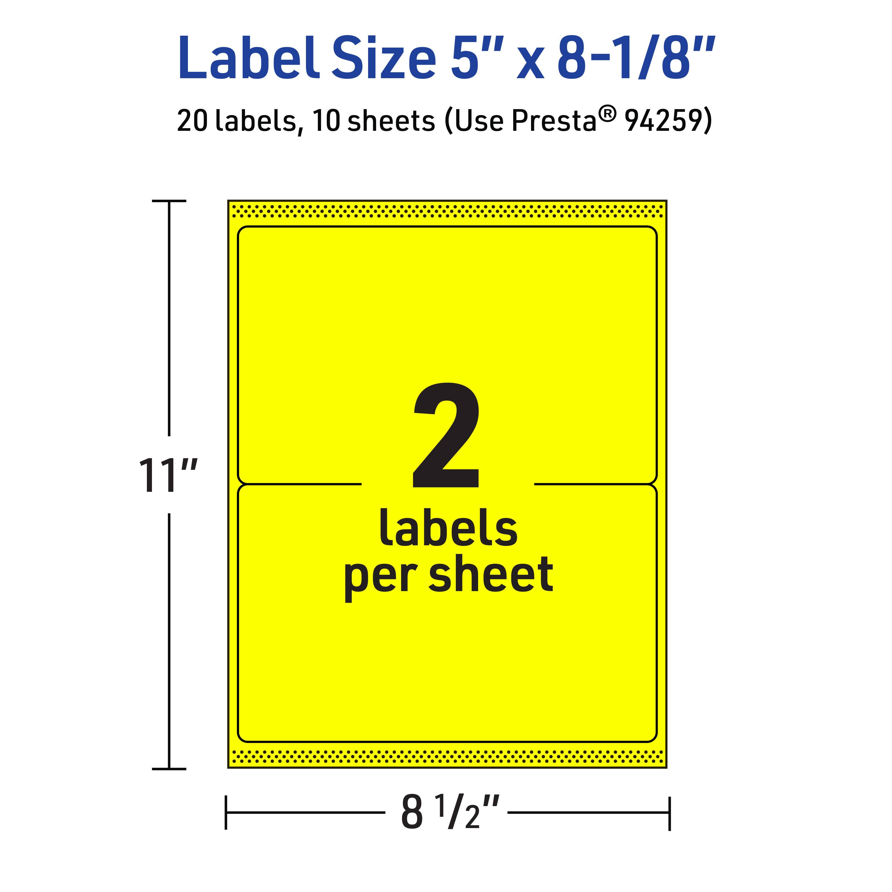 Label Size 5" x 8-1/8"  
20 labels, 10 sheets (Use Presta® 94259)  
2 labels per sheet  
11"  
8 1/2"