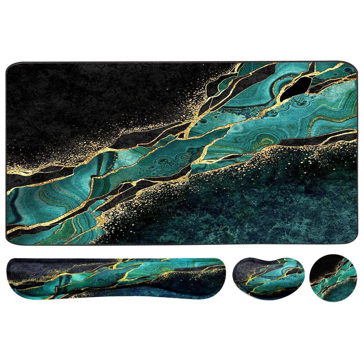 Pacoar Cade - 4-in-1 Large Gaming Mouse Pad Wrist Rest Support Mousepad Set Extended Desk Waterproof Mat For Home Office Study - Malachite Marble