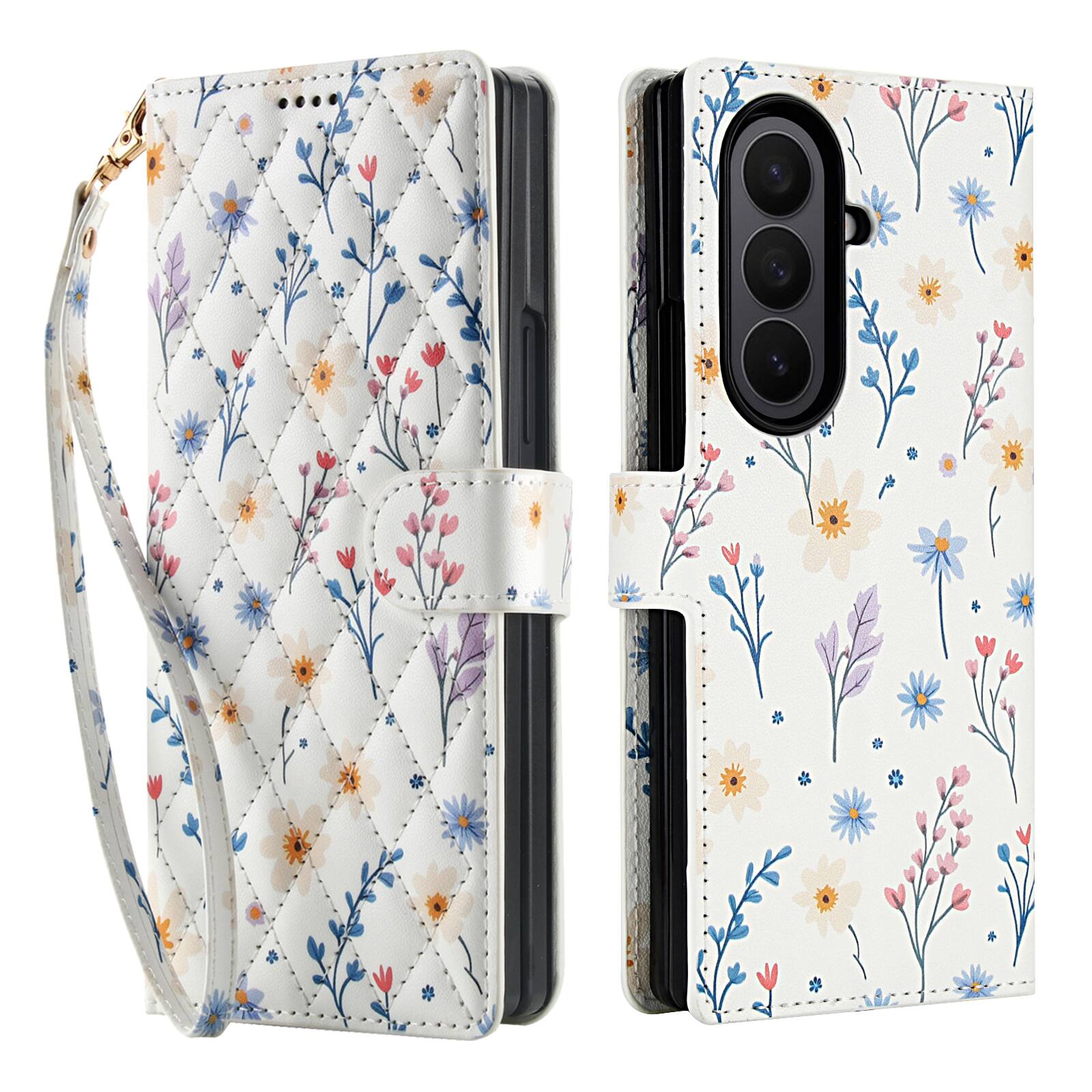 Angle. Dteck - Floral Wallet Case for Samsung Galaxy Z Fold7 with Wrist Strap, Premium PU Leather Shockproof Protective Flip Cover - E.