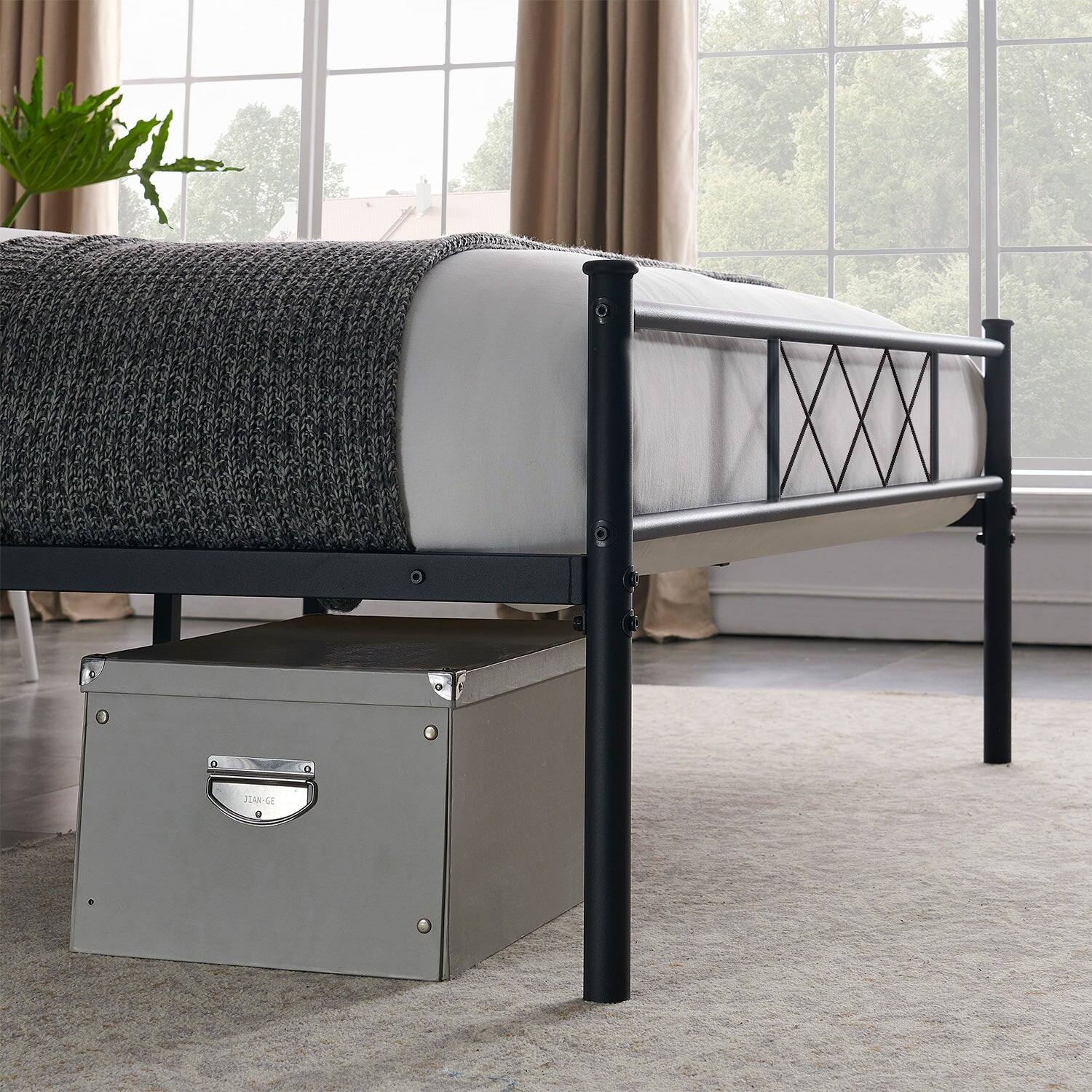 Left. Vecelo - Modern Sturdy Full Size Metal Bed Frame with Storage, Headboard & Footboard, Noise-Free Platform Bed - Full Black.