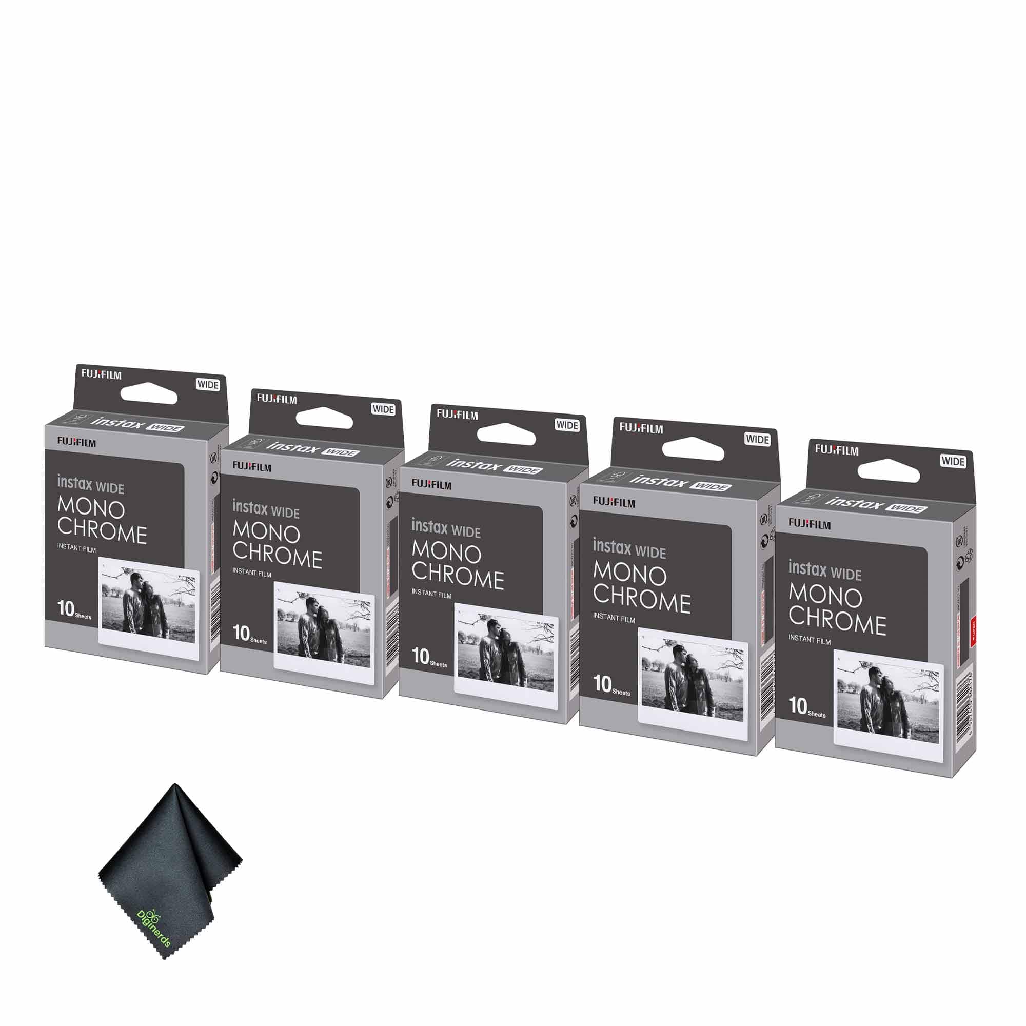 Fujifilm - 5xFUJIFILM INSTAX Wide Monochrome Instant Film (10 Exposures), Microfiber Cleaning Cloth, Bundle