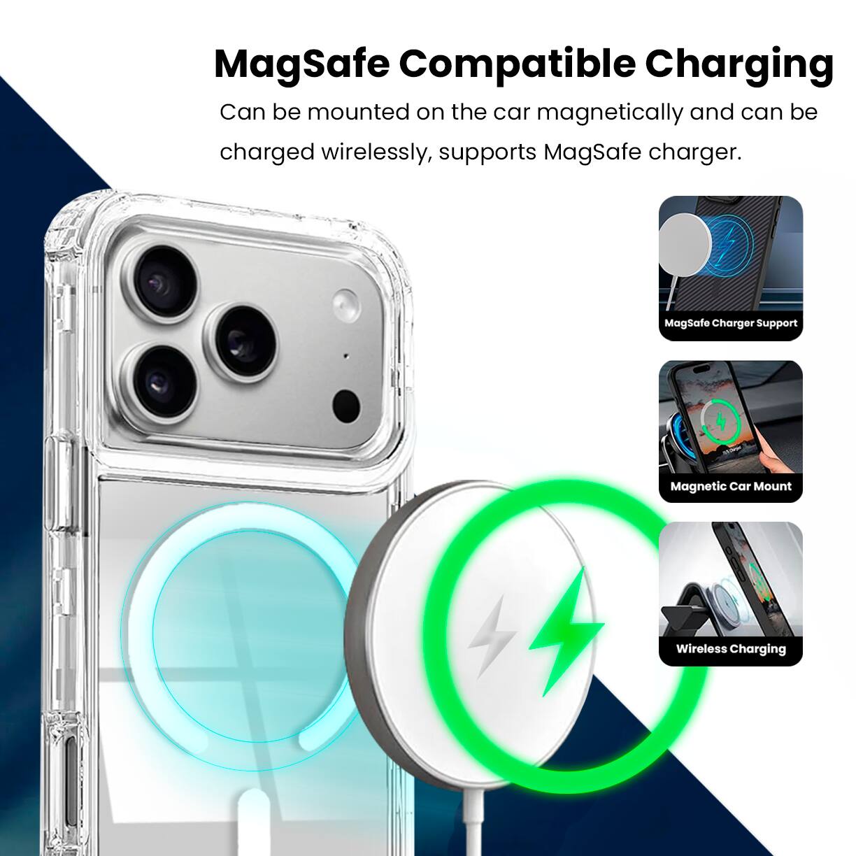MagSafe Compatible Charging

Can be mounted on the car magnetically and can be charged wirelessly, supports MagSafe charger.

- MagSafe Charger Support
- Magnetic Car Mount
- Wireless Charging