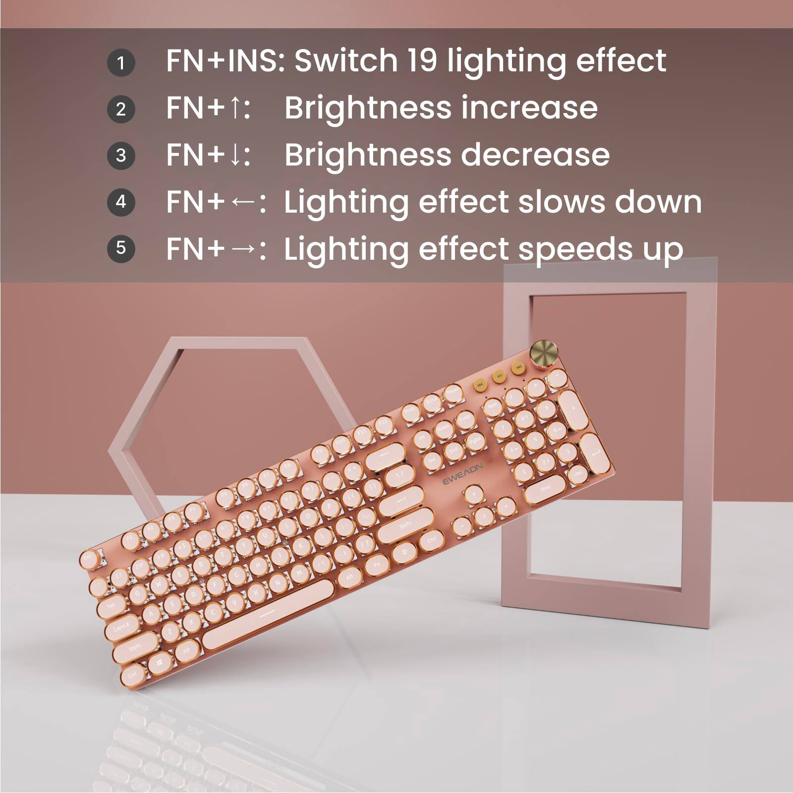 1. FN+INS: Switch 19 lighting effect  
2. FN+↑: Brightness increase  
3. FN+↓: Brightness decrease  
4. FN+←: Lighting effect slows down  
5. FN+→: Lighting effect speeds up